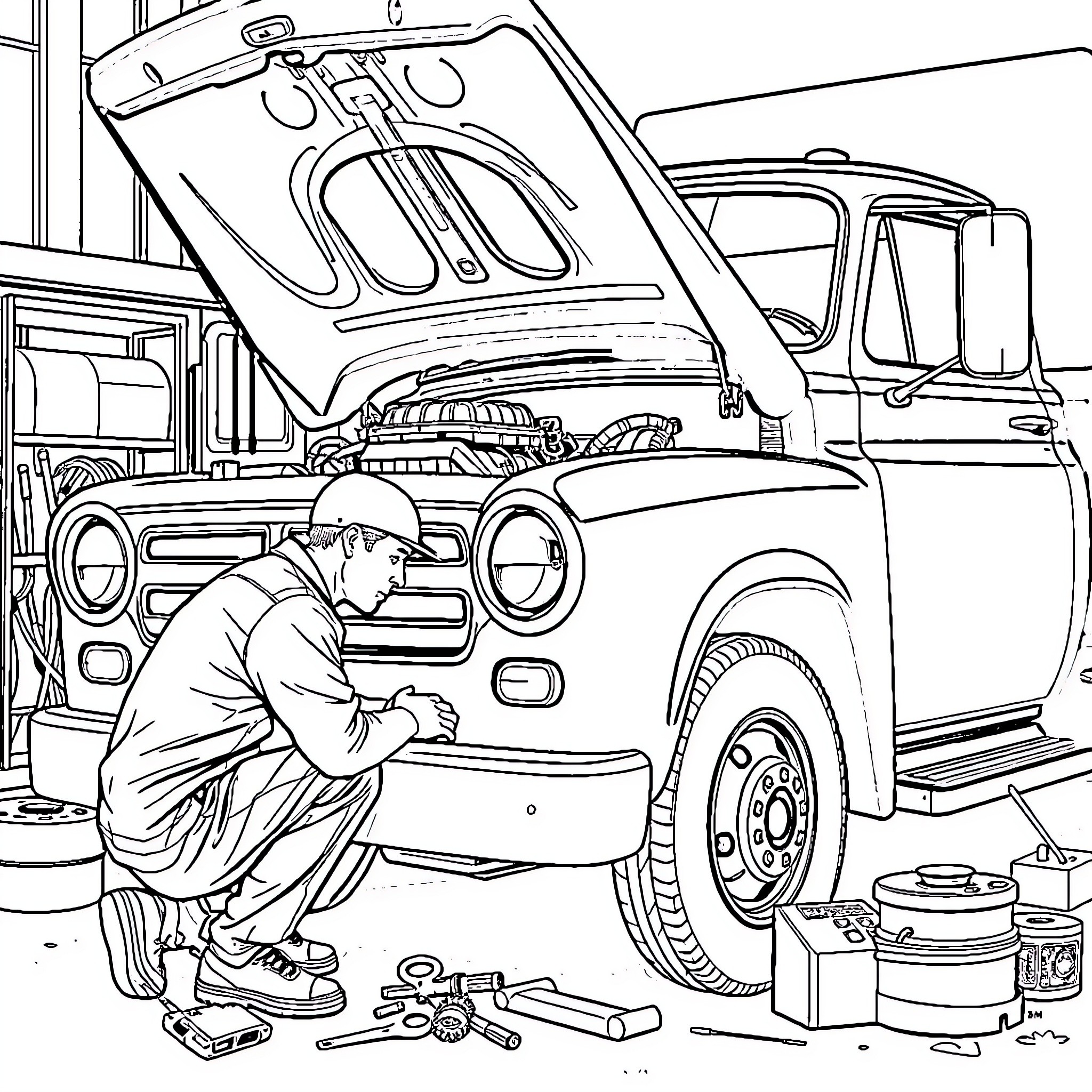 Mechanic Repairing Vintage Pickup Truck in Garage Coloring Page (free black-and-white line drawing printable PDF for all, from beginners to advanced learners, including children, teens, adults, and seniors)