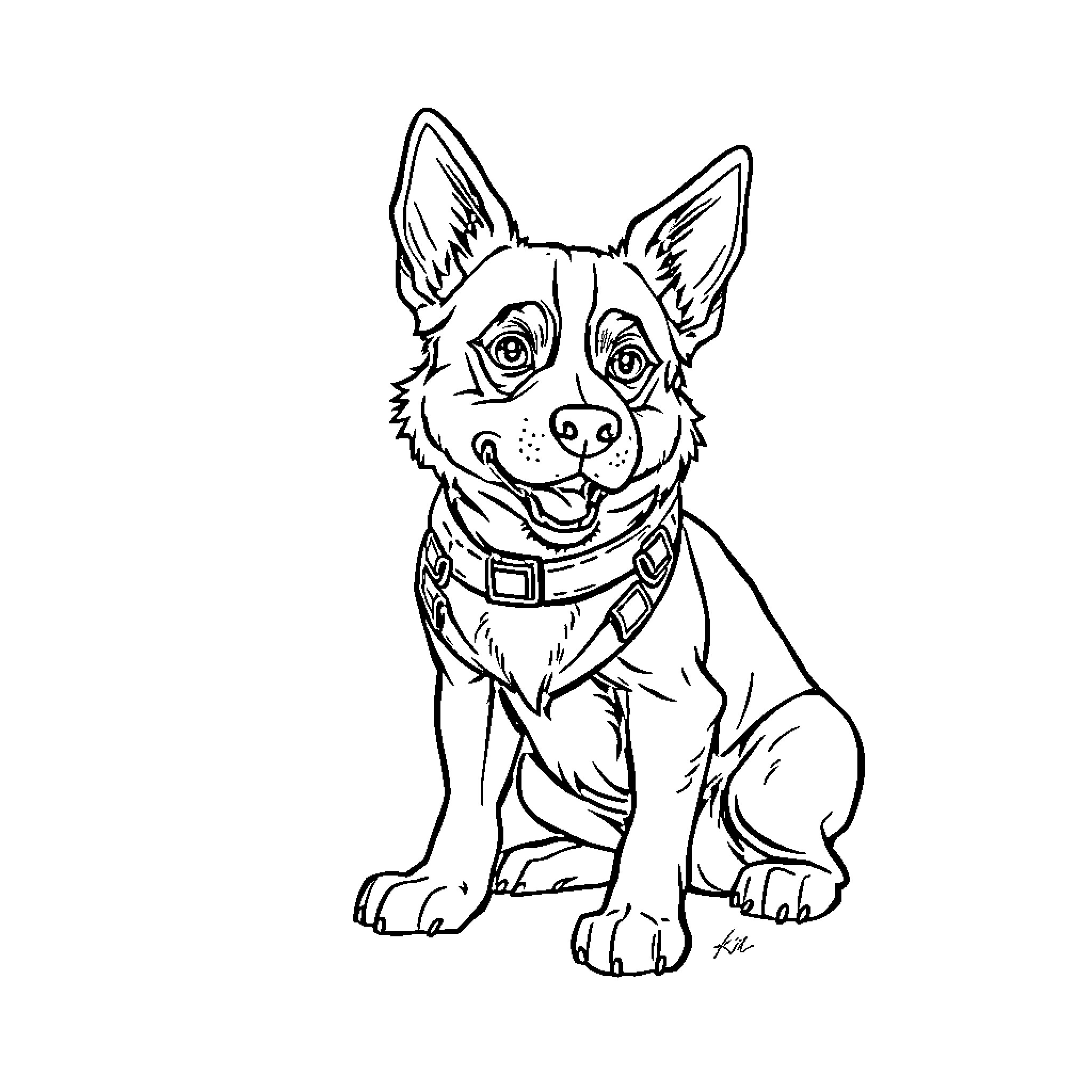 Perro pup excited with collar and tags Coloring Page (free black-and-white line drawing printable PDF for all, from beginners to advanced learners, including children, teens, adults, and seniors)