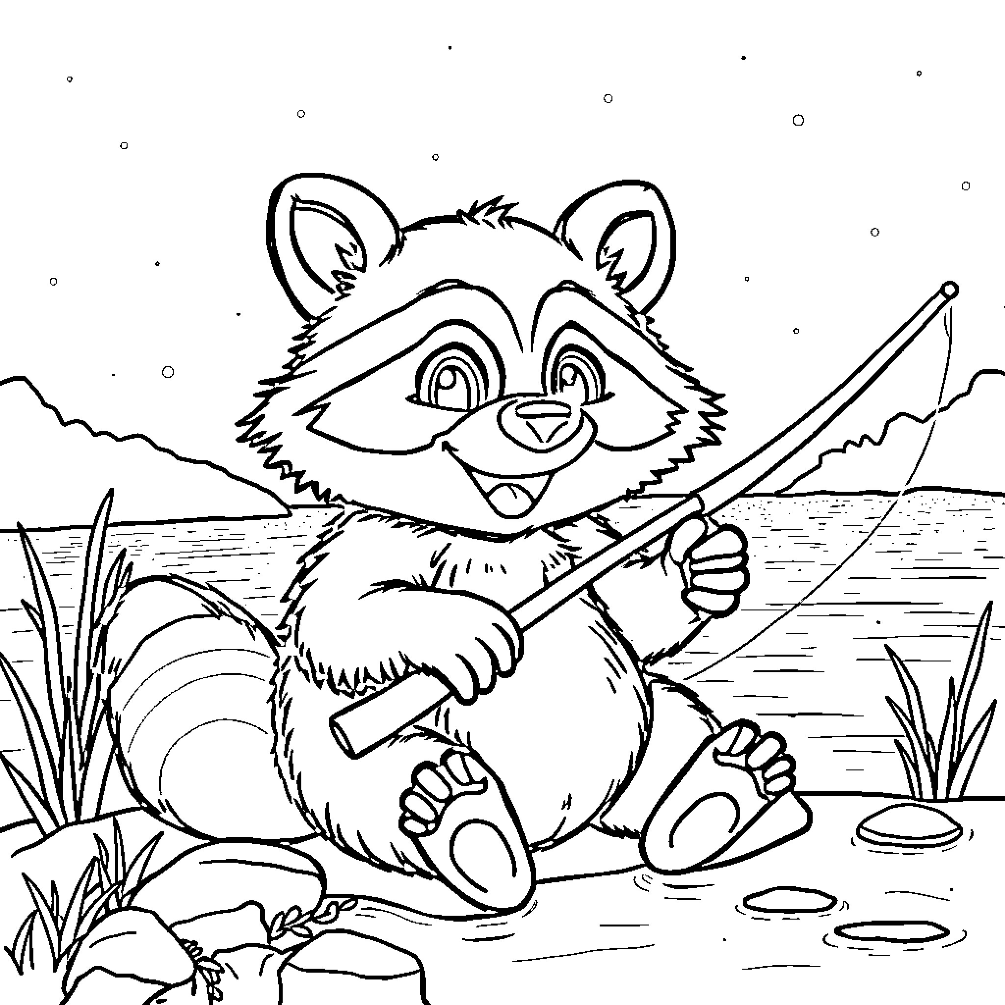 Raccoon fishing happily by the lake Coloring Page (free black-and-white line drawing printable PDF for all, from beginners to advanced learners, including children, teens, adults, and seniors)
