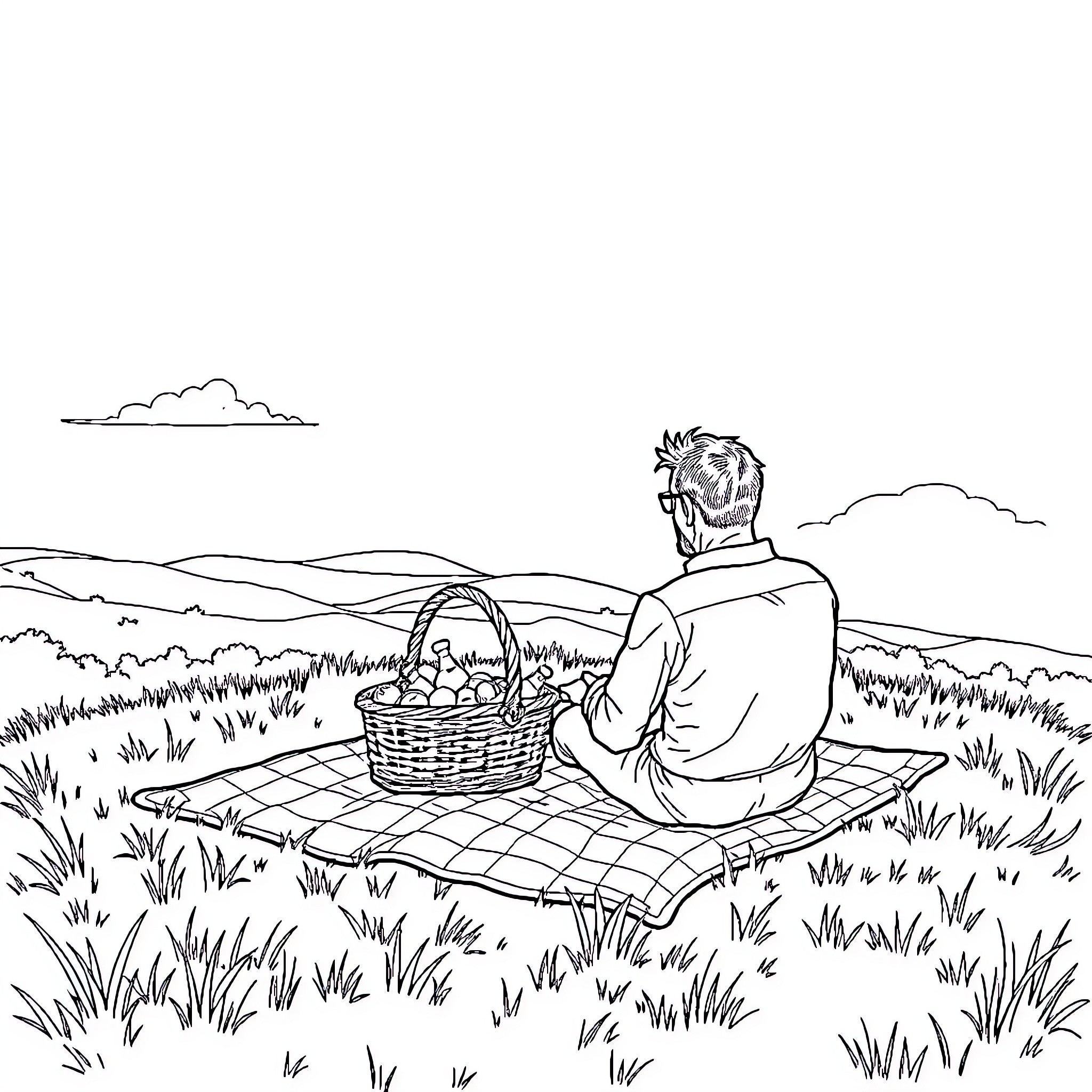 Hannibal Lecter Enjoying a Peaceful Picnic Outdoors Coloring Page (free black-and-white line drawing printable PDF for all, from beginners to advanced learners, including children, teens, adults, and seniors)