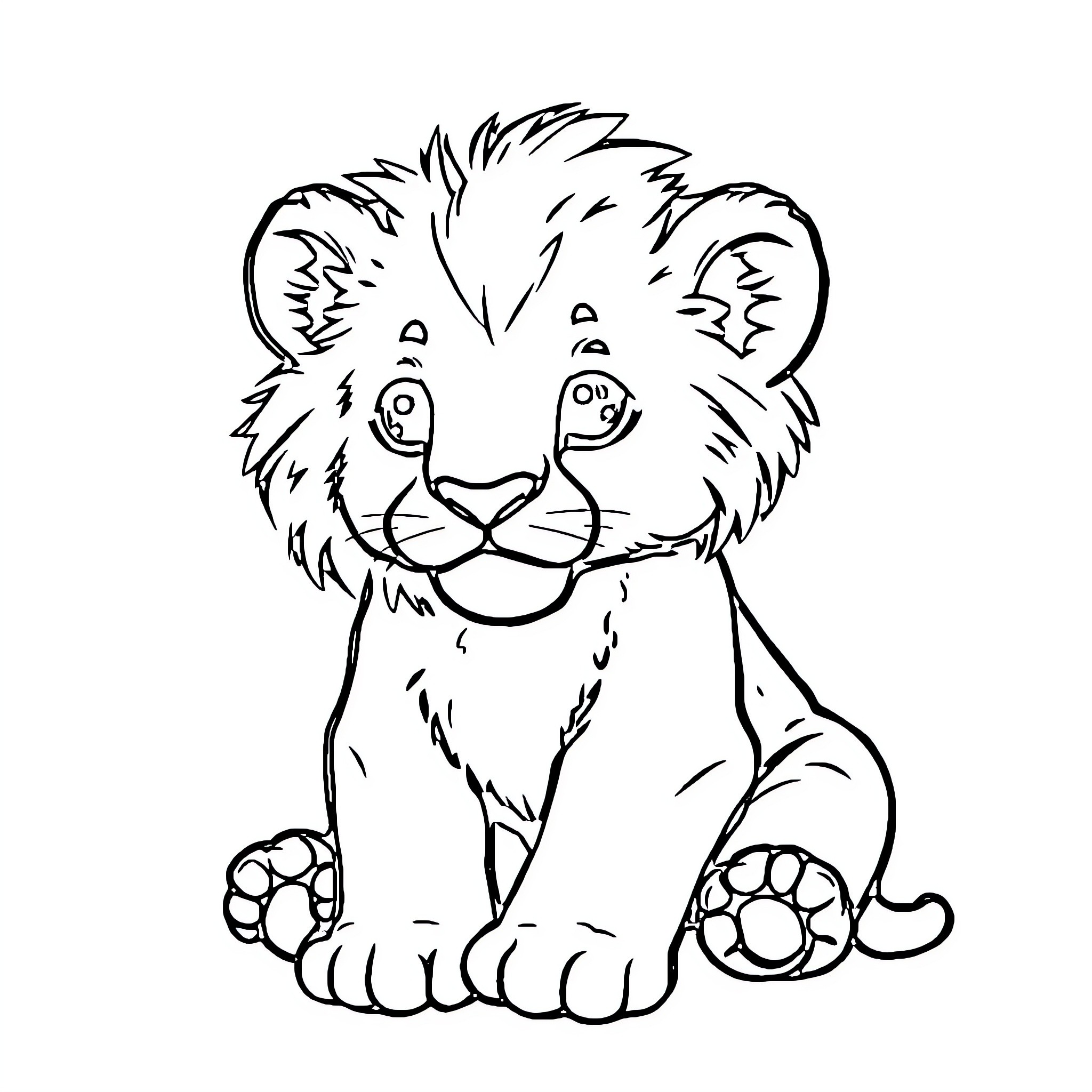 Lion Cub sitting and smiling Coloring Page (free black-and-white line drawing printable PDF for all, from beginners to advanced learners, including children, teens, adults, and seniors)