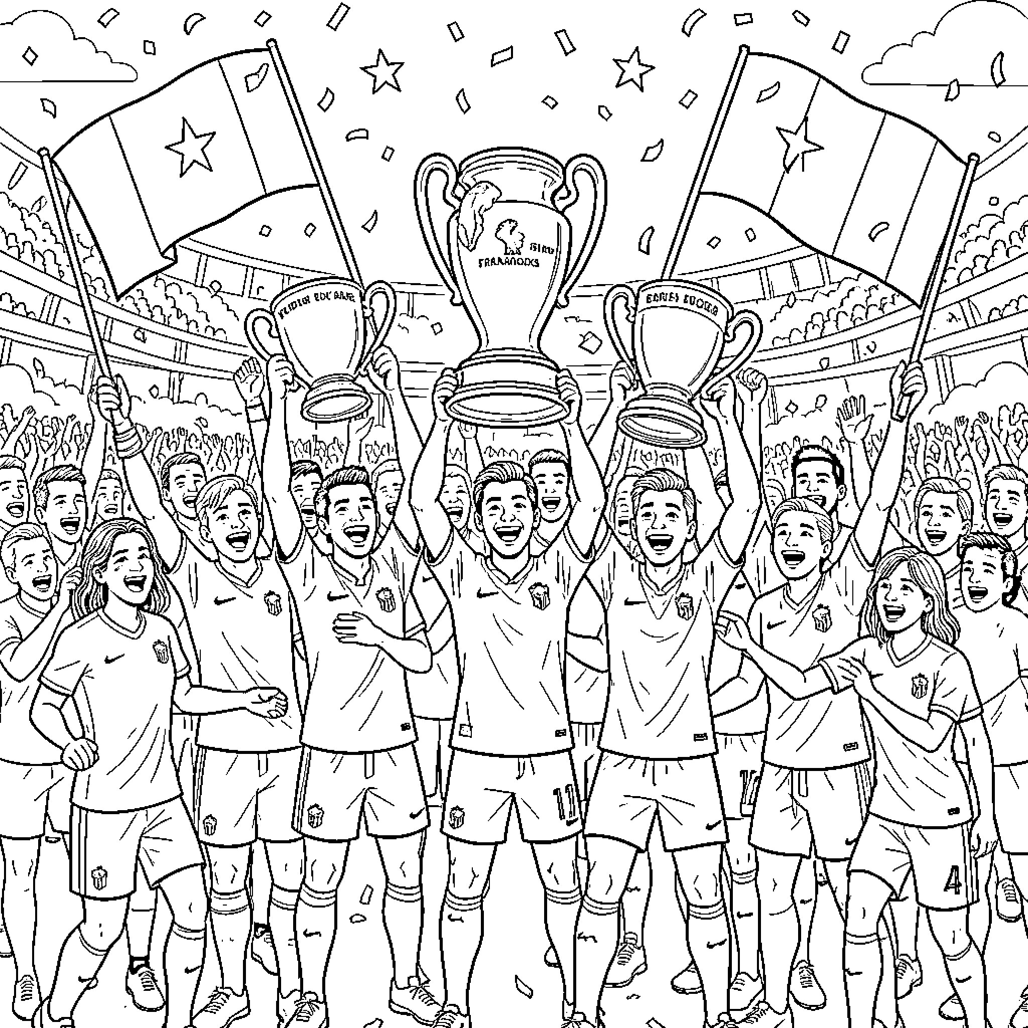 France football team celebrating victory with trophies and flags Coloring Page (free black-and-white line drawing printable PDF for all, from beginners to advanced learners, including children, teens, adults, and seniors)