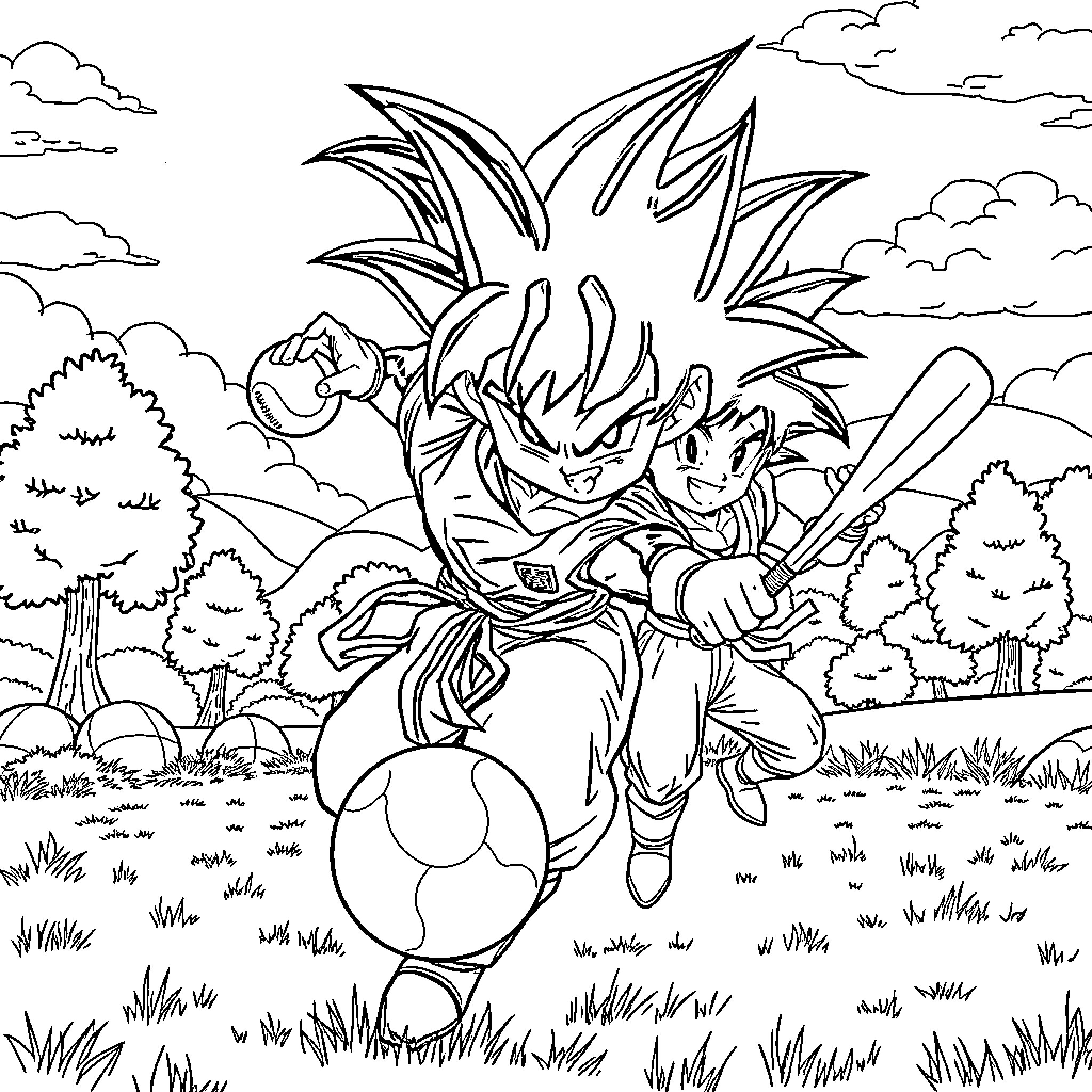 Dragon Ball Z Characters in Outdoor Adventure Coloring Page (free black-and-white line drawing printable PDF for all, from beginners to advanced learners, including children, teens, adults, and seniors)