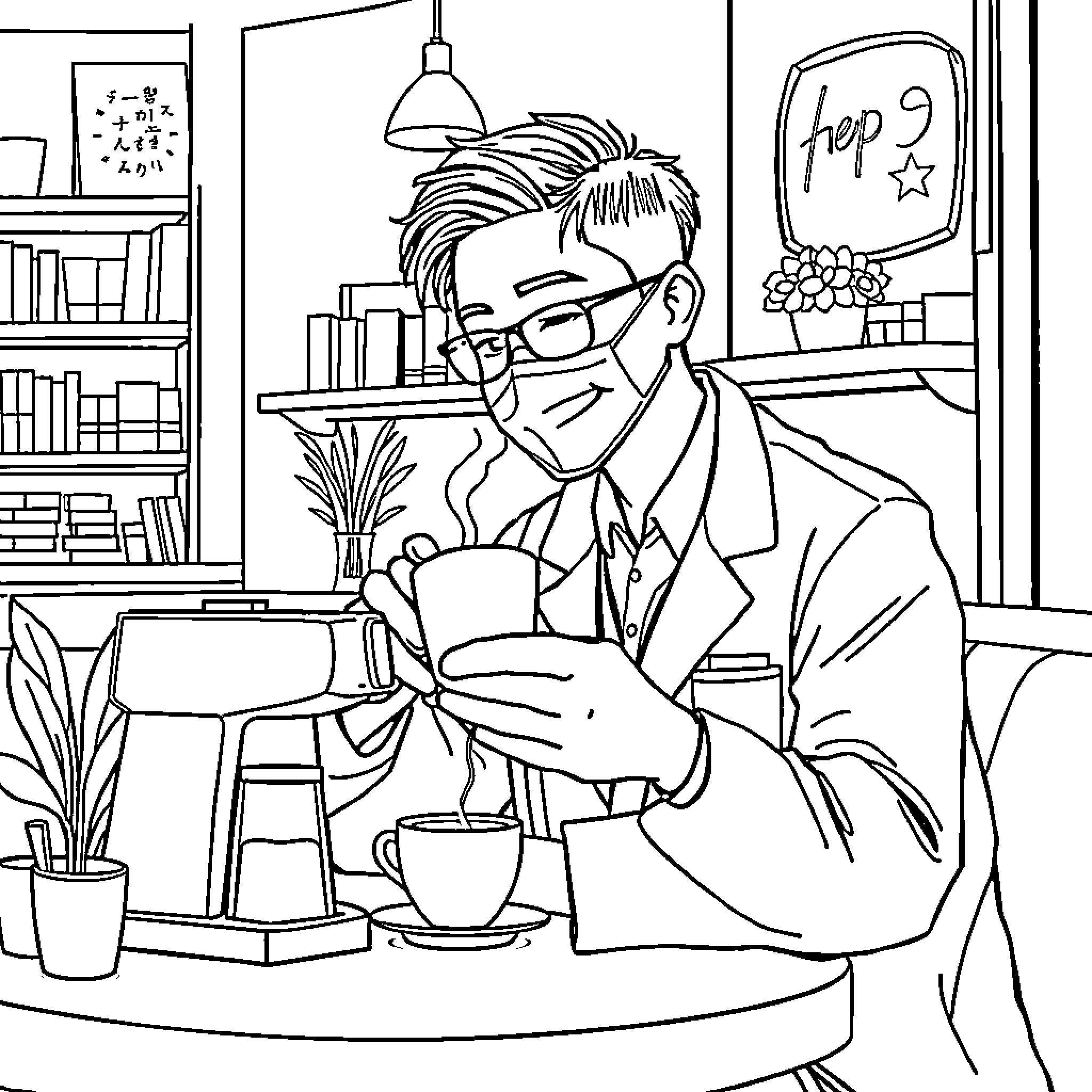 Dentist examining dental tools in office Coloring Page (free black-and-white line drawing printable PDF for all, from beginners to advanced learners, including children, teens, adults, and seniors)