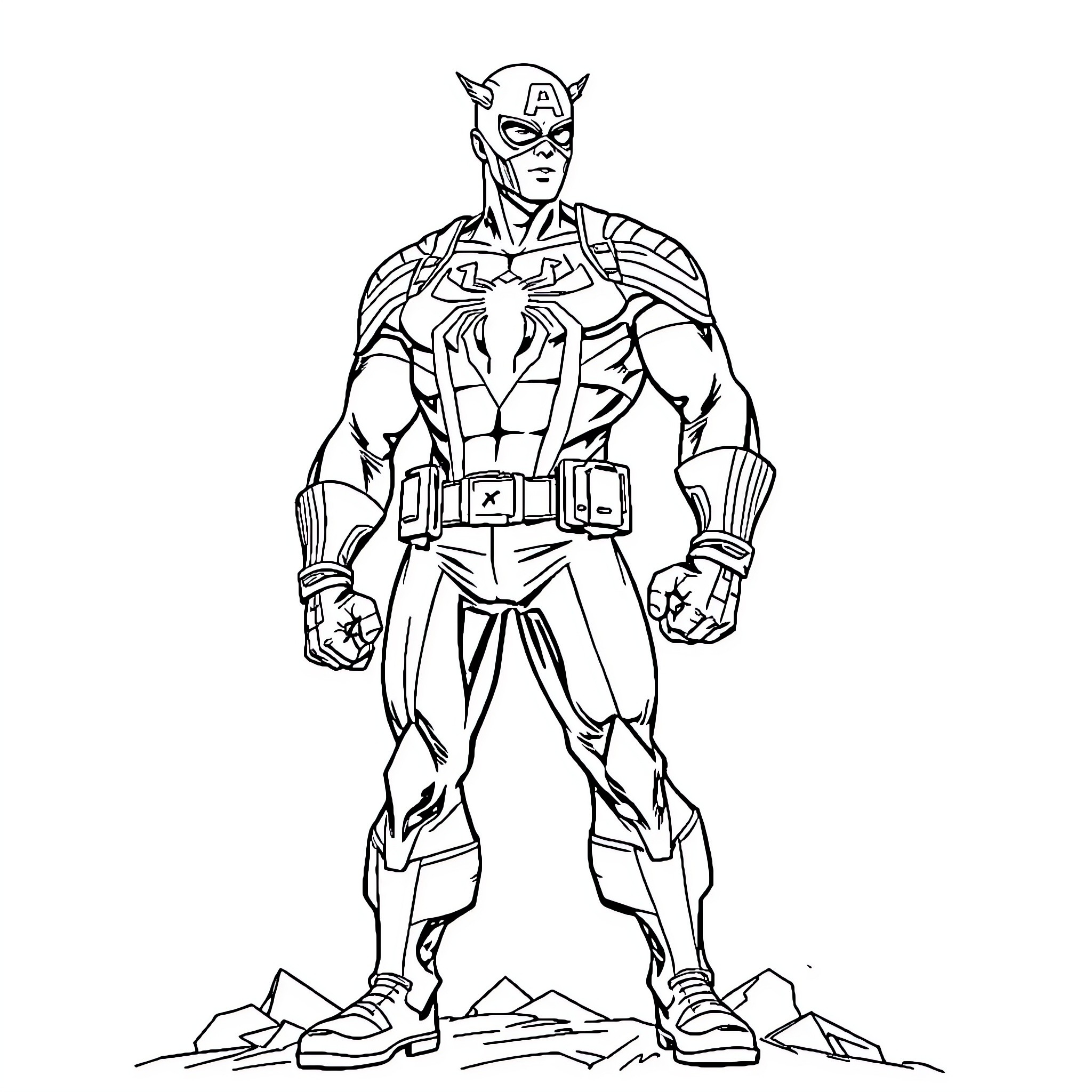 Captain America in Heroic Stance Coloring Page (free black-and-white line drawing printable PDF for all, from beginners to advanced learners, including children, teens, adults, and seniors)