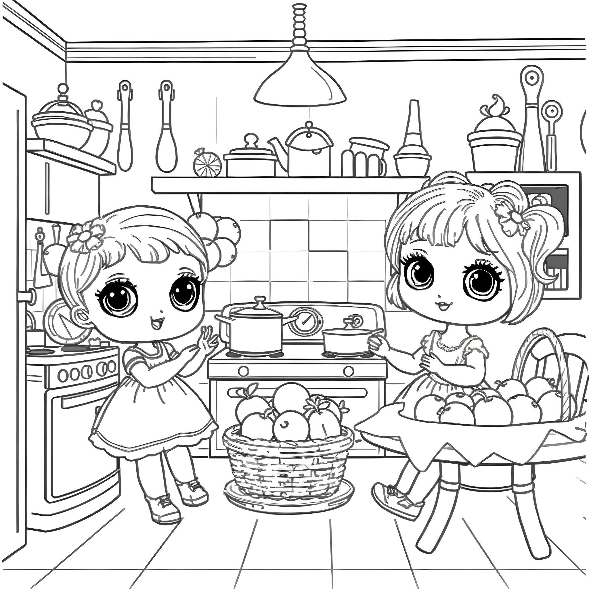 Dolls enjoying a cozy kitchen scene Coloring Page (free black-and-white line drawing printable PDF for all, from beginners to advanced learners, including children, teens, adults, and seniors)
