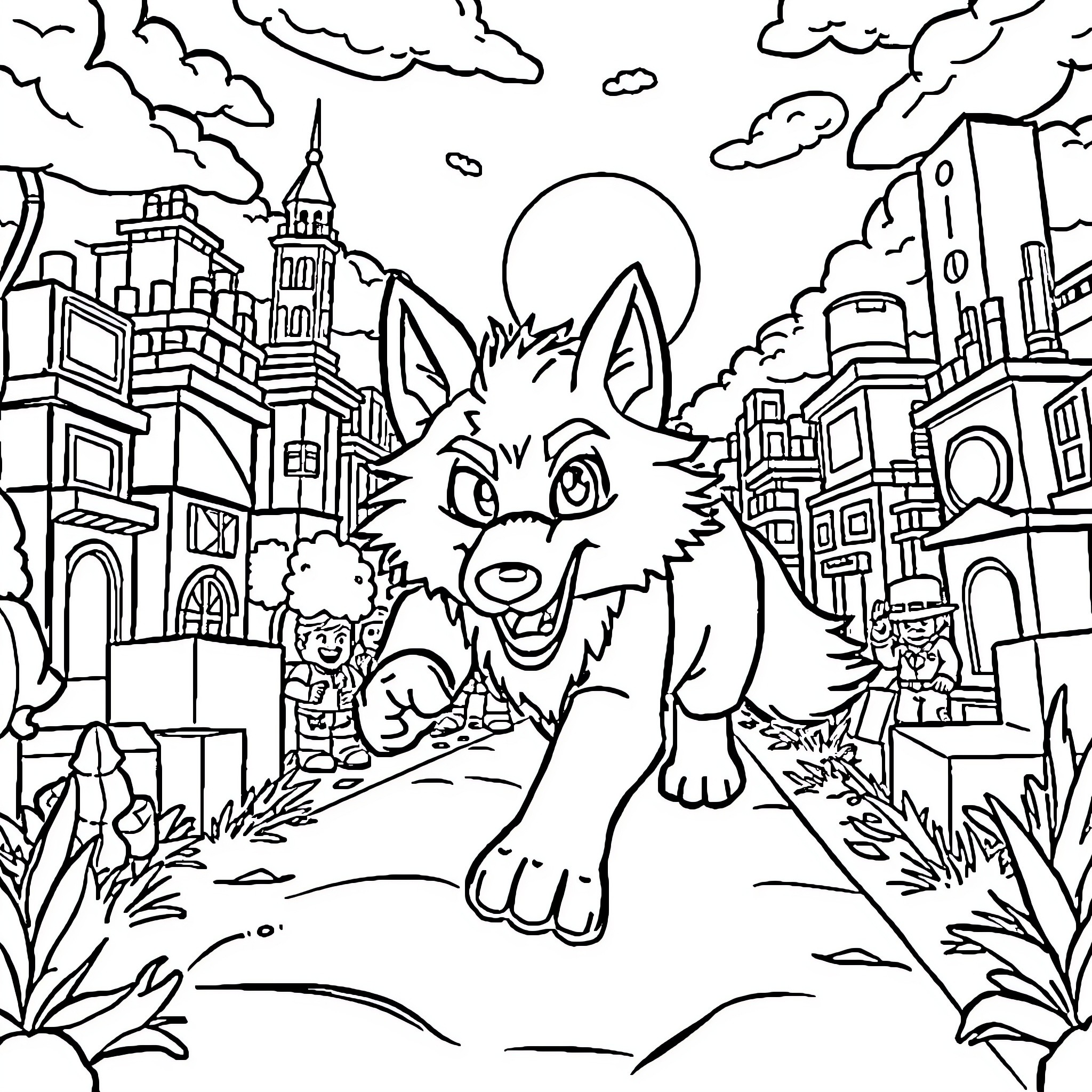 Wolf exploring the bustling city landscape Coloring Page (free black-and-white line drawing printable PDF for all, from beginners to advanced learners, including children, teens, adults, and seniors)