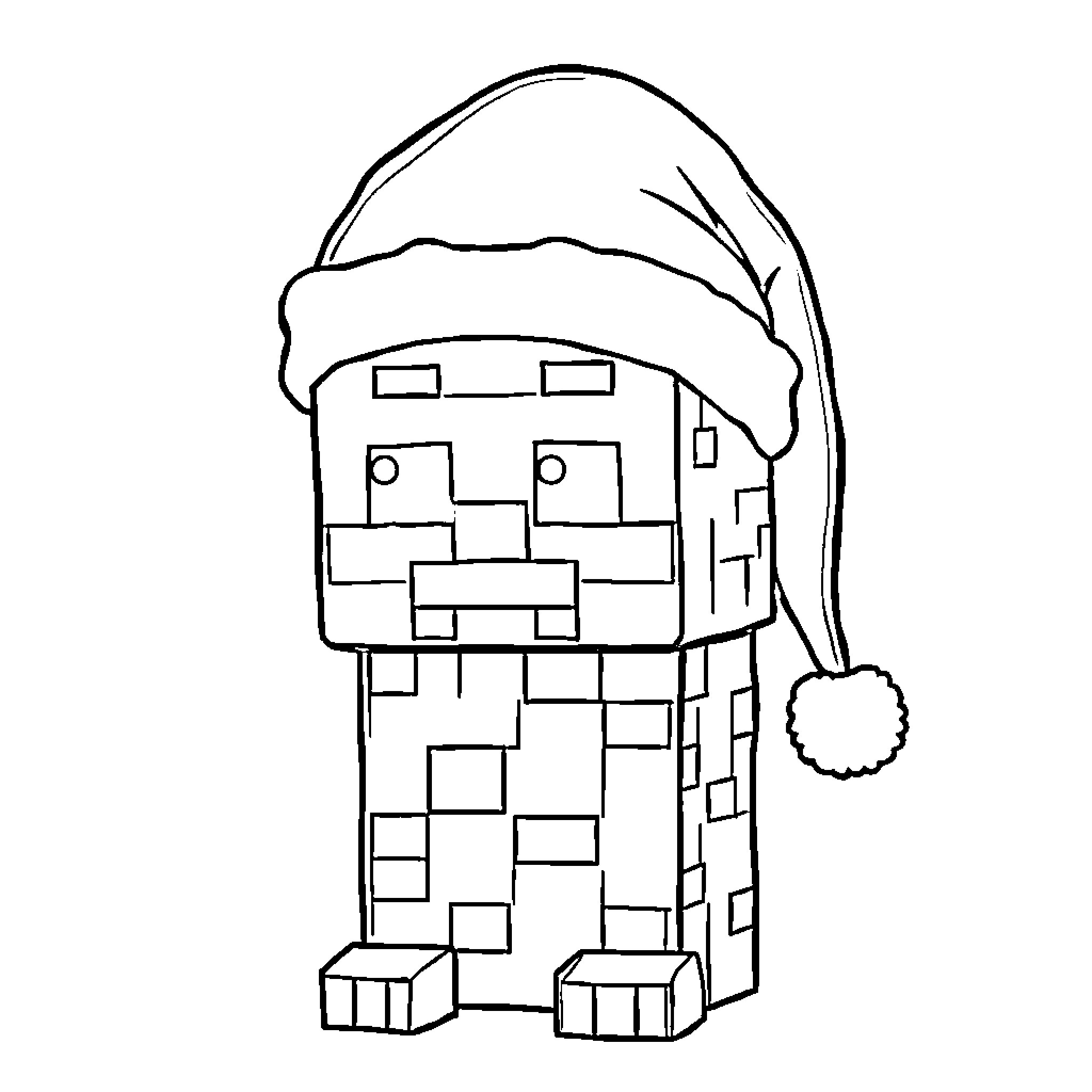 Creeper wearing Santa hat in pixel art style Coloring Page (free black-and-white line drawing printable PDF for all, from beginners to advanced learners, including children, teens, adults, and seniors)