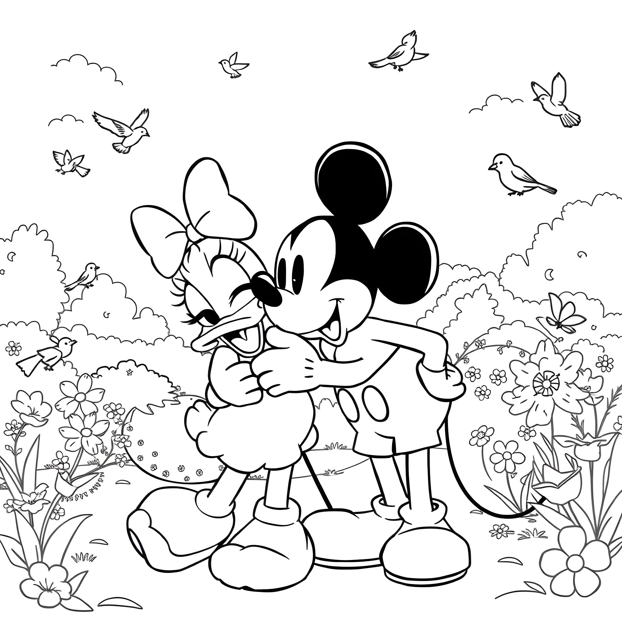 Mickey Mouse and Minnie Mouse enjoying a flowery nature scene Coloring Page (free black-and-white line drawing printable PDF for all, from beginners to advanced learners, including children, teens, adults, and seniors)