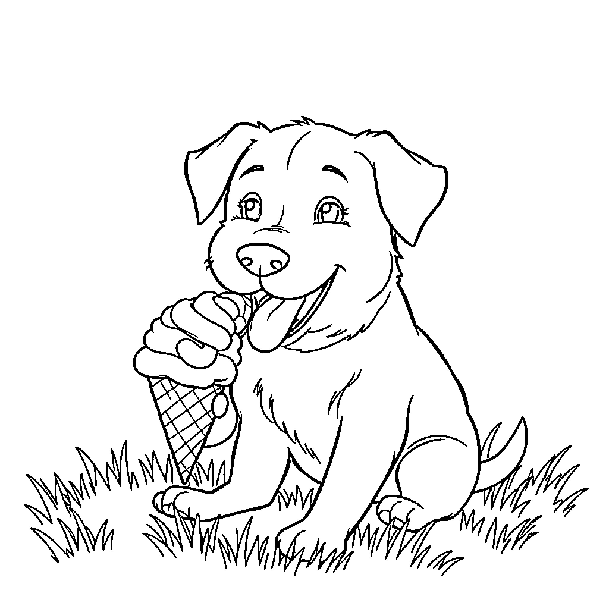 Dog enjoying an ice cream cone in the park Coloring Page (free black-and-white line drawing printable PDF for all, from beginners to advanced learners, including children, teens, adults, and seniors)