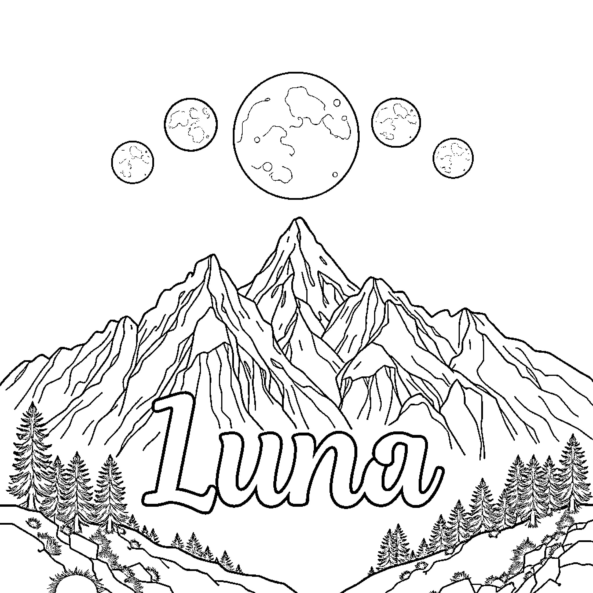 Moon Shines Over Majestic Mountain Landscape Coloring Page (free black-and-white line drawing printable PDF for all, from beginners to advanced learners, including children, teens, adults, and seniors)