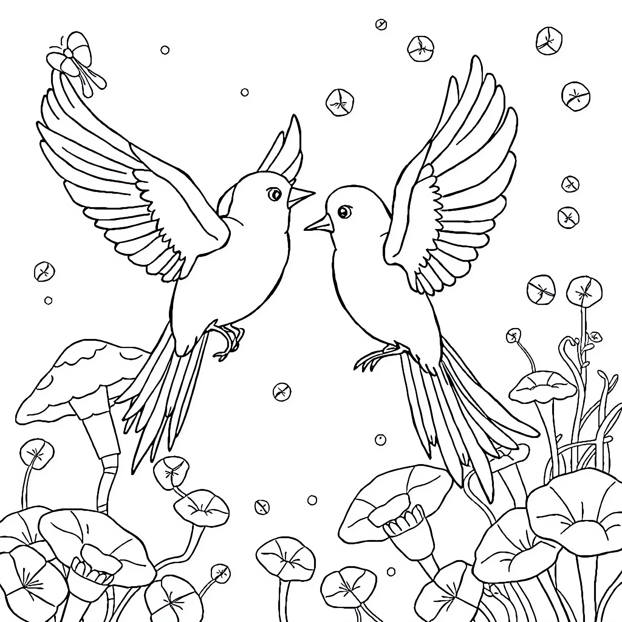 Umbrella birds flying amid mushrooms and flowers Coloring Page (free black-and-white line drawing printable PDF for all, from beginners to advanced learners, including children, teens, adults, and seniors)