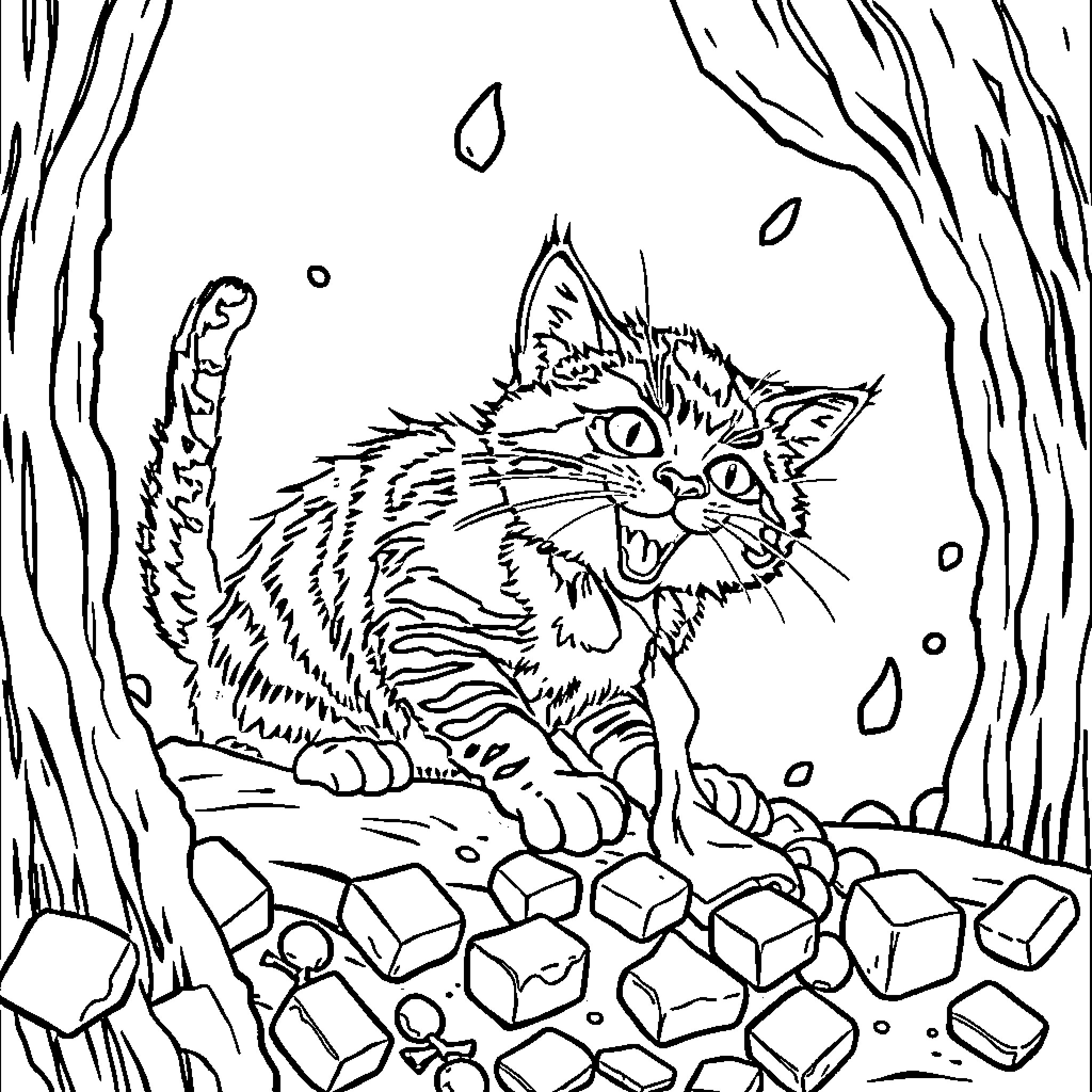 Gato exploring a spooky forest Coloring Page (free black-and-white line drawing printable PDF for all, from beginners to advanced learners, including children, teens, adults, and seniors)