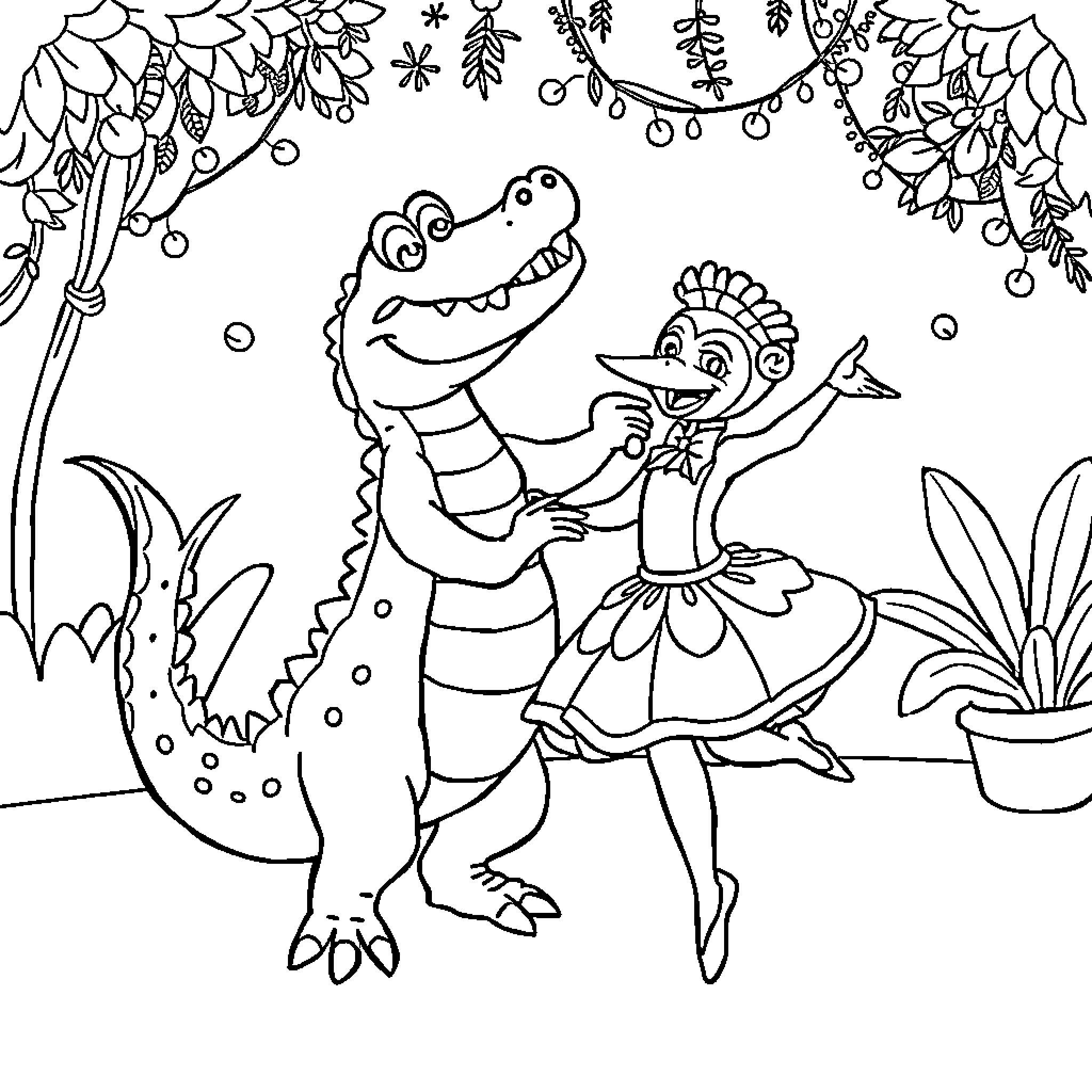Crocodile dancing with ballerina in forest scene Coloring Page (free black-and-white line drawing printable PDF for all, from beginners to advanced learners, including children, teens, adults, and seniors)