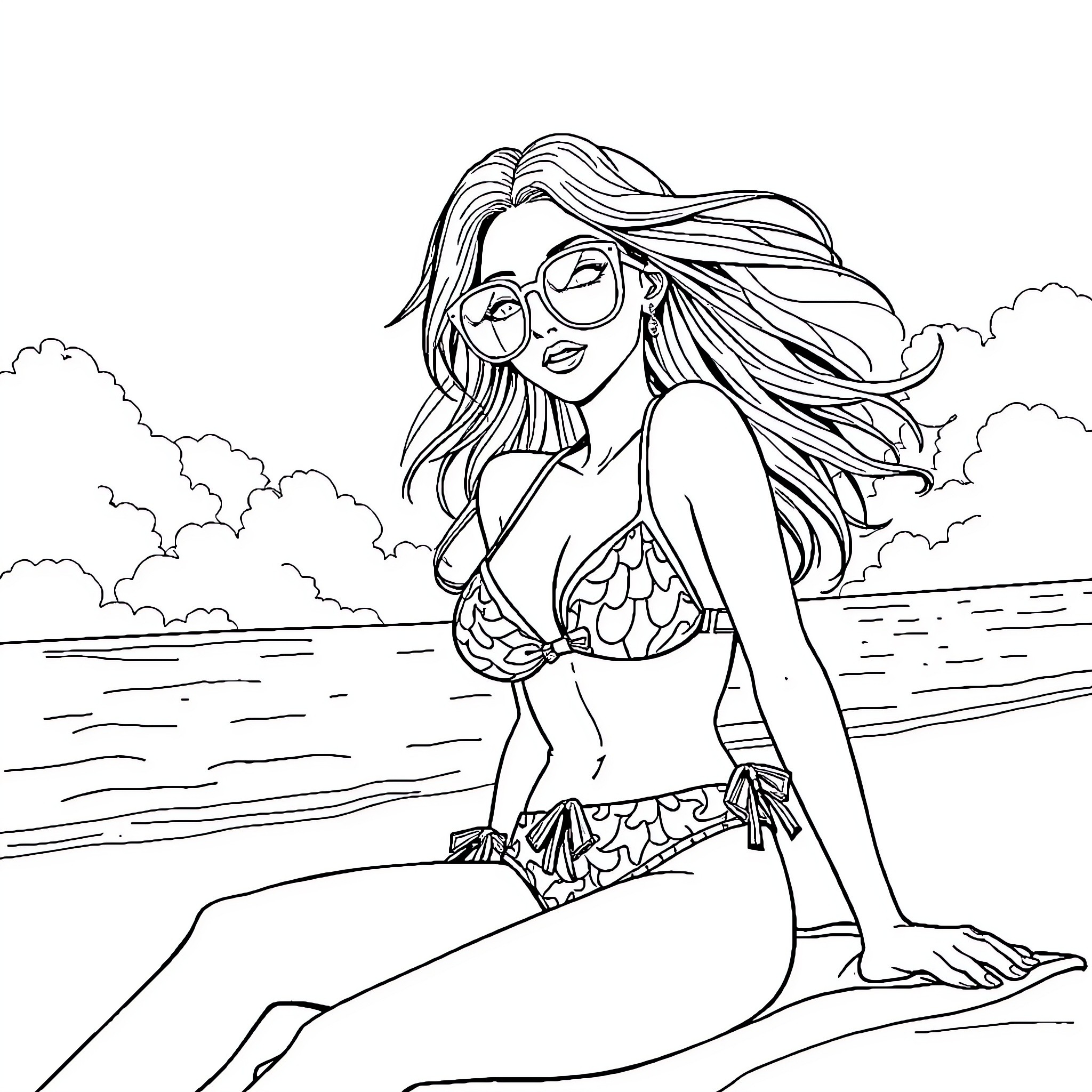 Gyaru enjoying the beach scenery Coloring Page (free black-and-white line drawing printable PDF for all, from beginners to advanced learners, including children, teens, adults, and seniors)