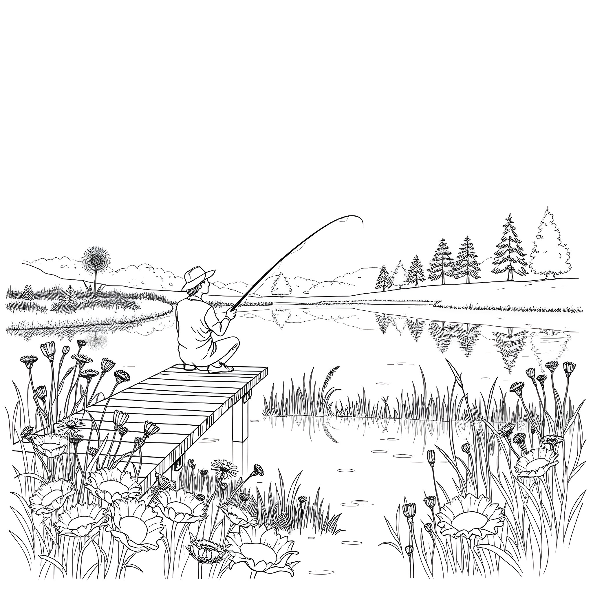 Fishing in the serene forest landscape Coloring Page (free black-and-white line drawing printable PDF for all, from beginners to advanced learners, including children, teens, adults, and seniors)