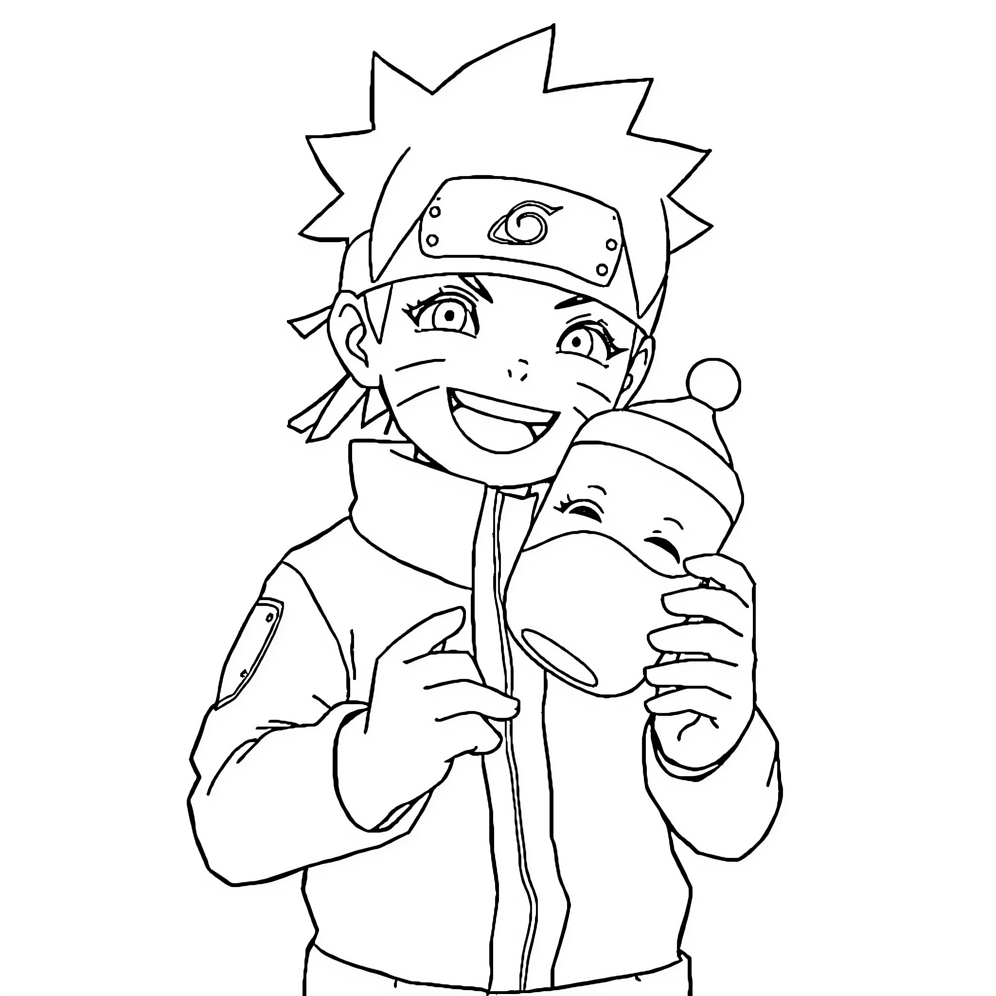 Naruto happily holding a cute plush toy Coloring Page (free black-and-white line drawing printable PDF for all, from beginners to advanced learners, including children, teens, adults, and seniors)