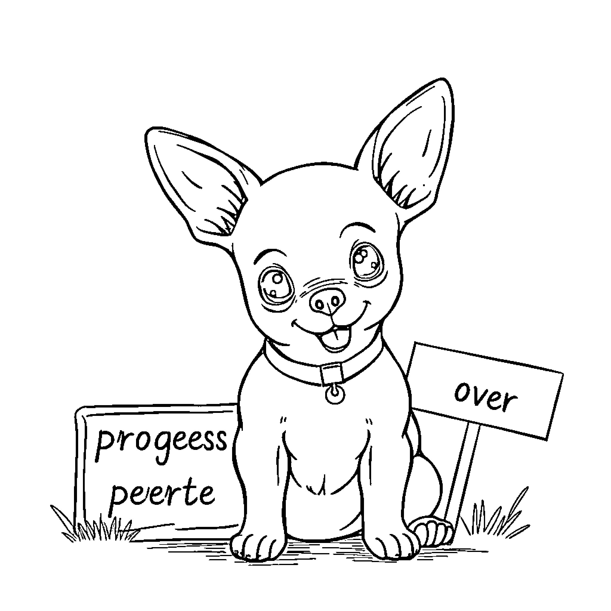 Chihuahua puppy holding progress report sign Coloring Page (free black-and-white line drawing printable PDF for all, from beginners to advanced learners, including children, teens, adults, and seniors)