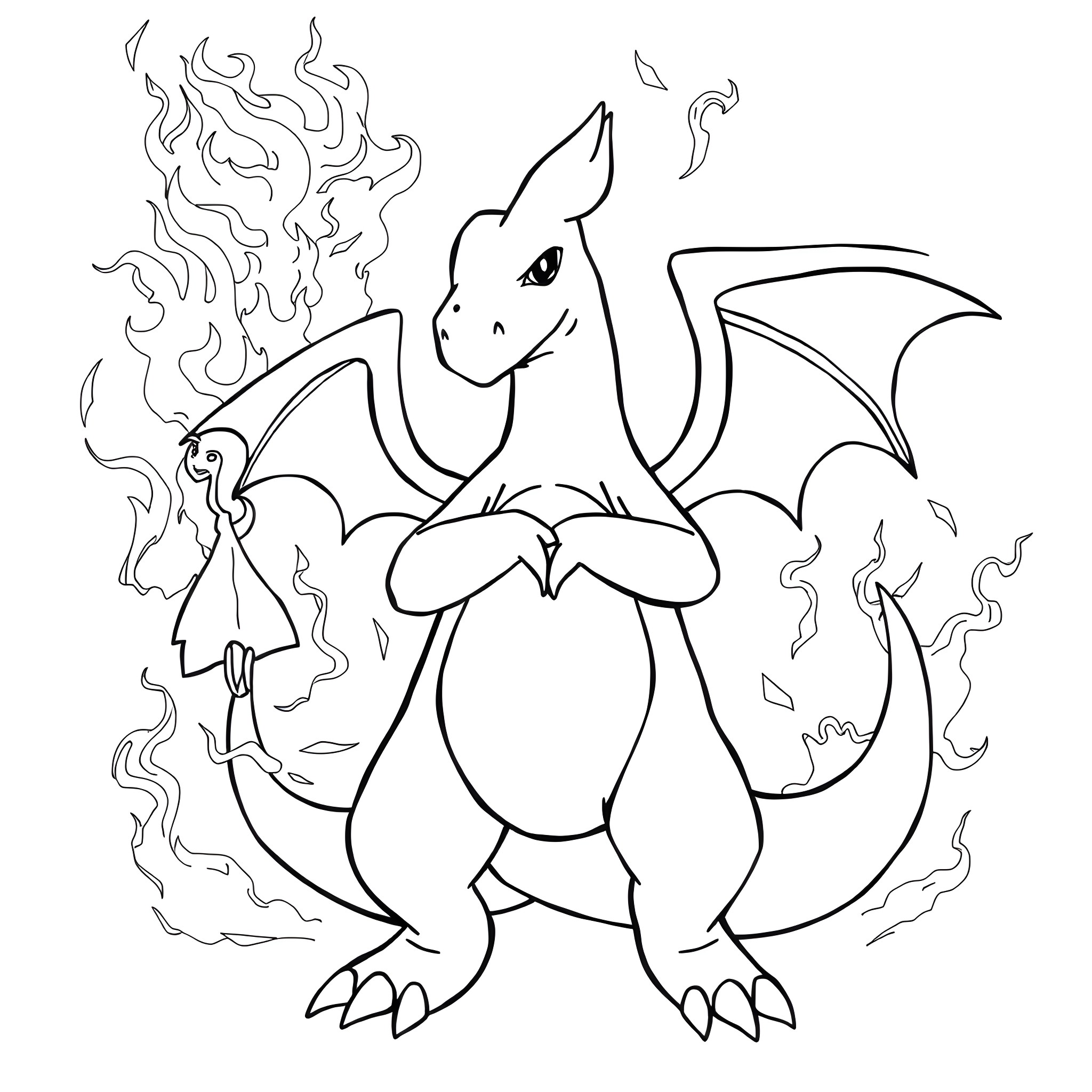 Charizard breathing fire with determination Coloring Page (free black-and-white line drawing printable PDF for all, from beginners to advanced learners, including children, teens, adults, and seniors)