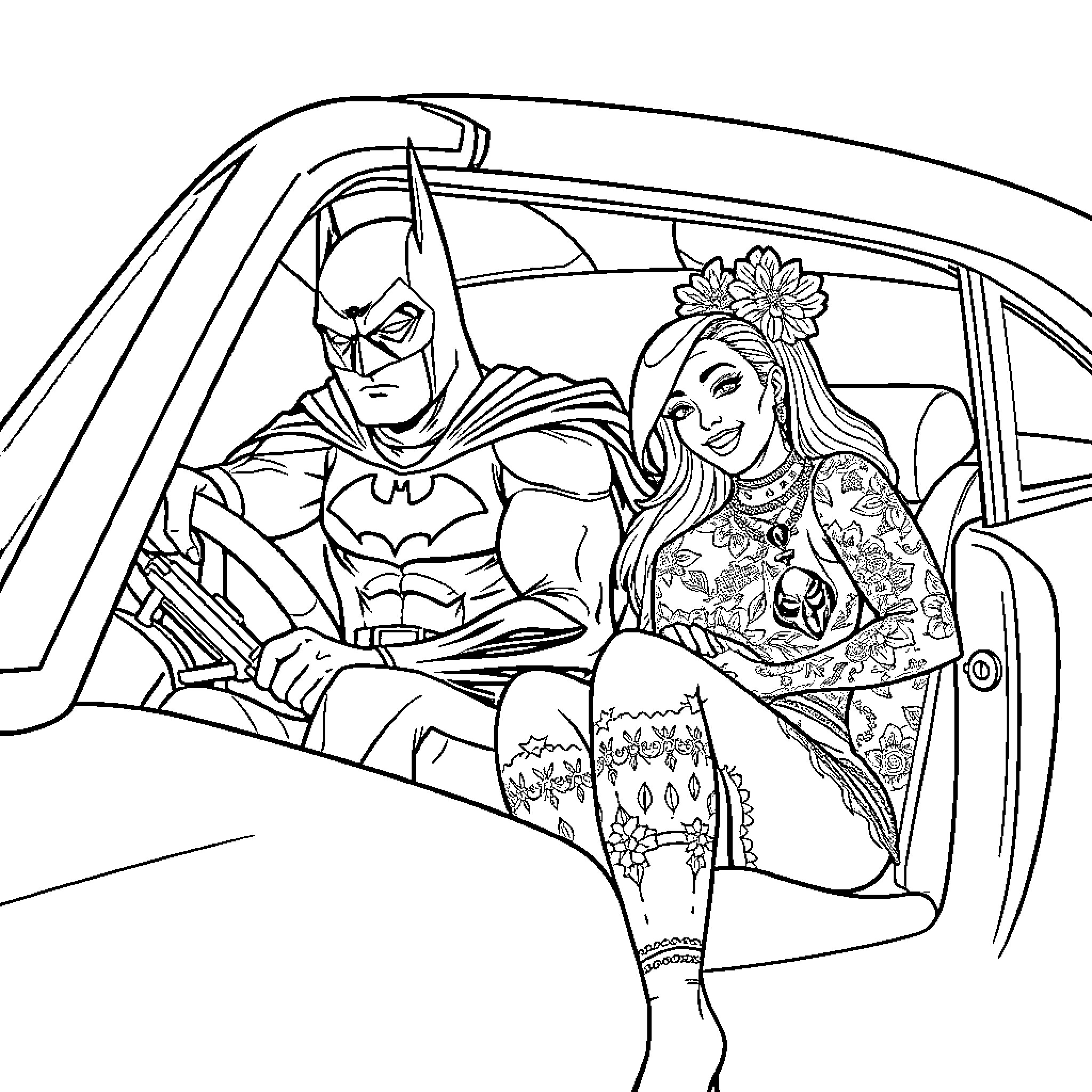 Batman and Floral-Clad Companion in Car Coloring Page (free black-and-white line drawing printable PDF for all, from beginners to advanced learners, including children, teens, adults, and seniors)