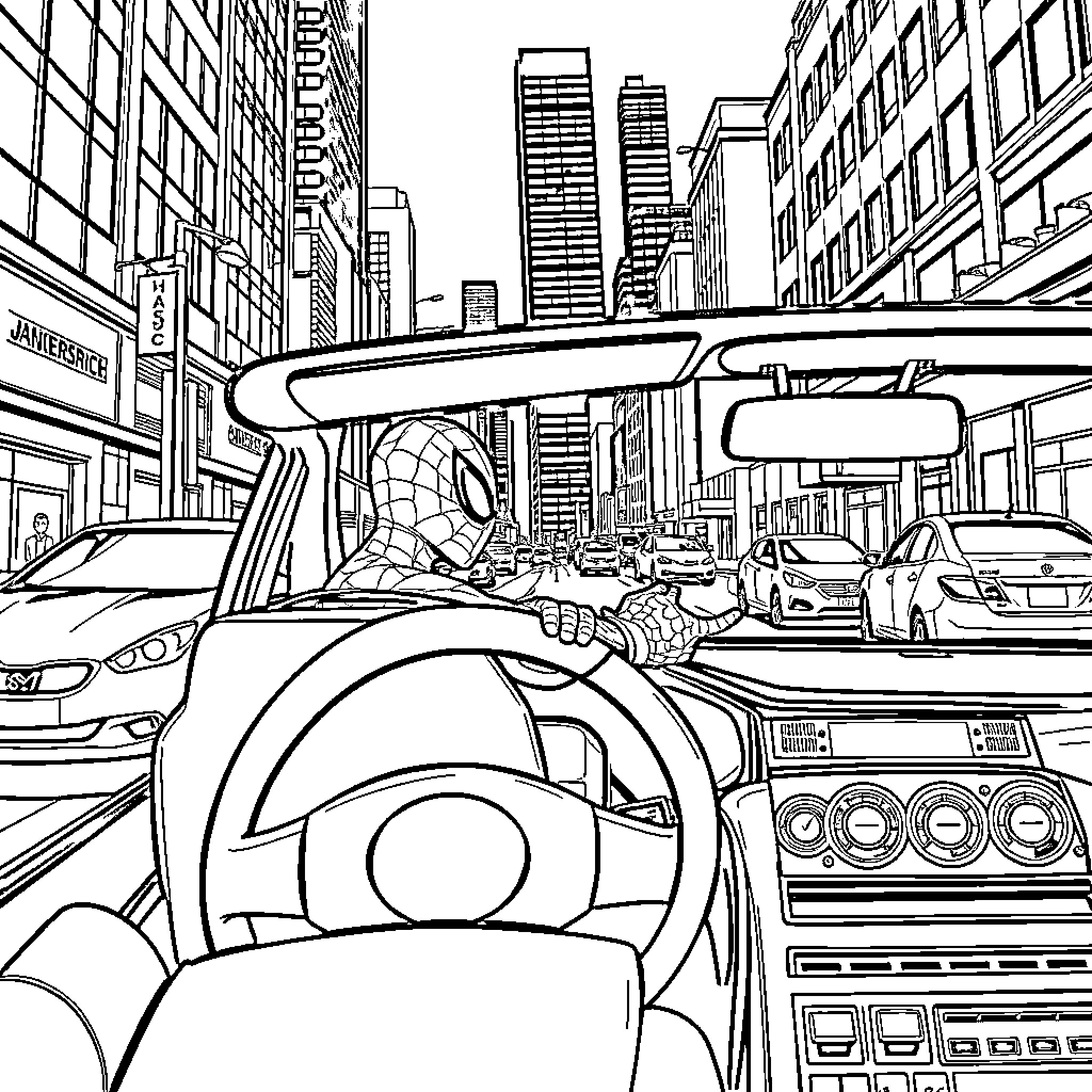 Spiderman driving a car through a busy city street Coloring Page (free black-and-white line drawing printable PDF for all, from beginners to advanced learners, including children, teens, adults, and seniors)