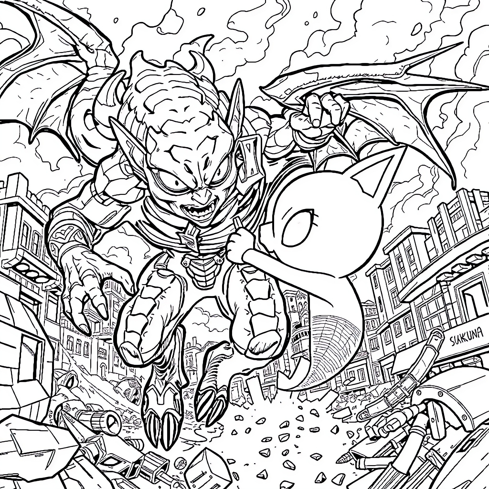 Gojo's Mighty Rampage through the City Coloring Page (free black-and-white line drawing printable PDF for all, from beginners to advanced learners, including children, teens, adults, and seniors)