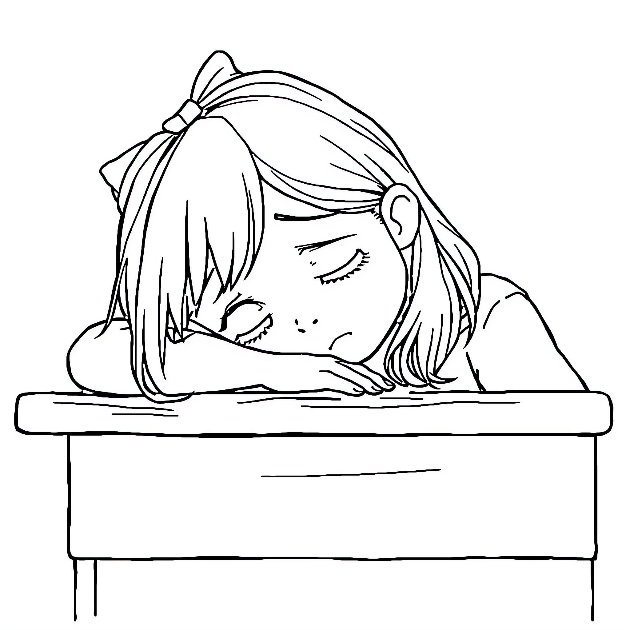 Girl resting with head on desk Coloring Page (free black-and-white line drawing printable PDF for all, from beginners to advanced learners, including children, teens, adults, and seniors)