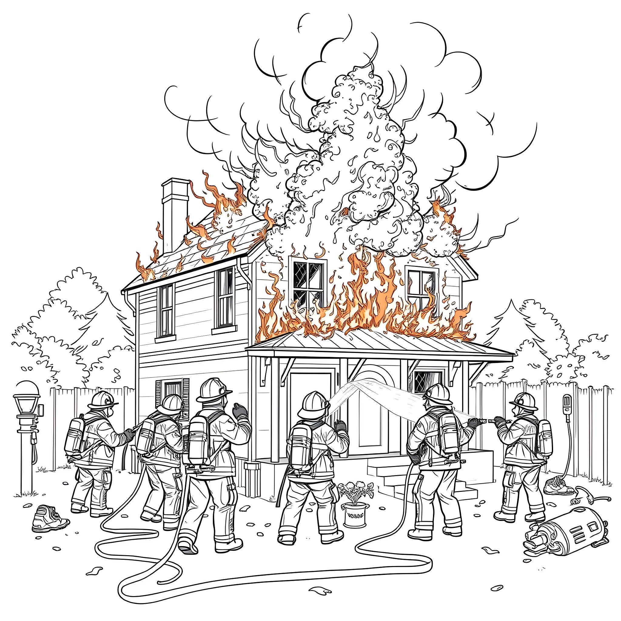 Firefighters battle the blaze at a burning house Coloring Page (free black-and-white line drawing printable PDF for all, from beginners to advanced learners, including children, teens, adults, and seniors)