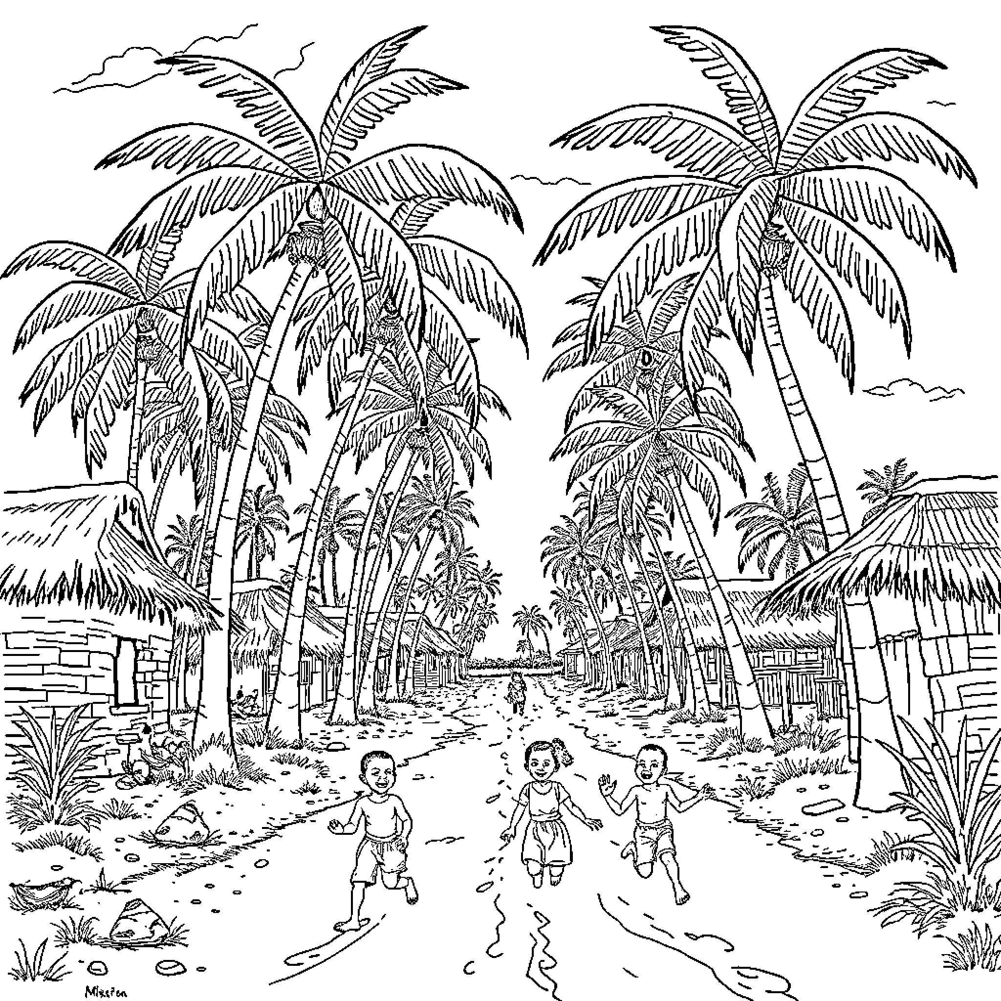 Child playing happily on a tropical beach Coloring Page (free black-and-white line drawing printable PDF for all, from beginners to advanced learners, including children, teens, adults, and seniors)