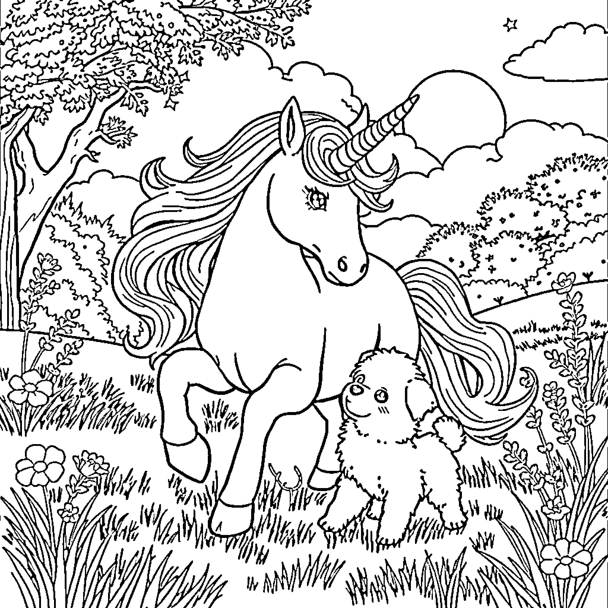 Unicorn strolling peacefully through enchanted forest Coloring Page (free black-and-white line drawing printable PDF for all, from beginners to advanced learners, including children, teens, adults, and seniors)