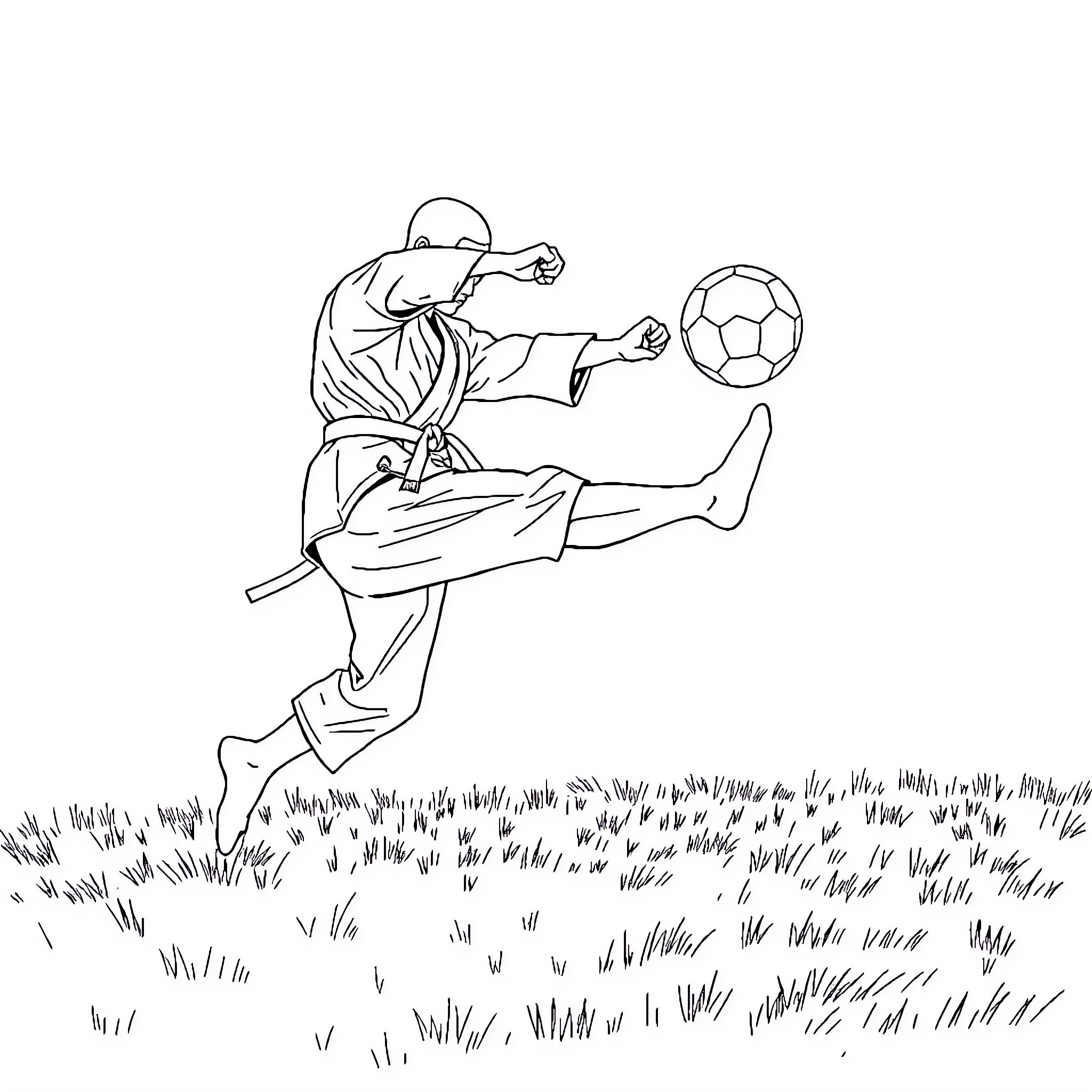 Judoka performing martial arts technique with soccer ball Coloring Page (free black-and-white line drawing printable PDF for all, from beginners to advanced learners, including children, teens, adults, and seniors)