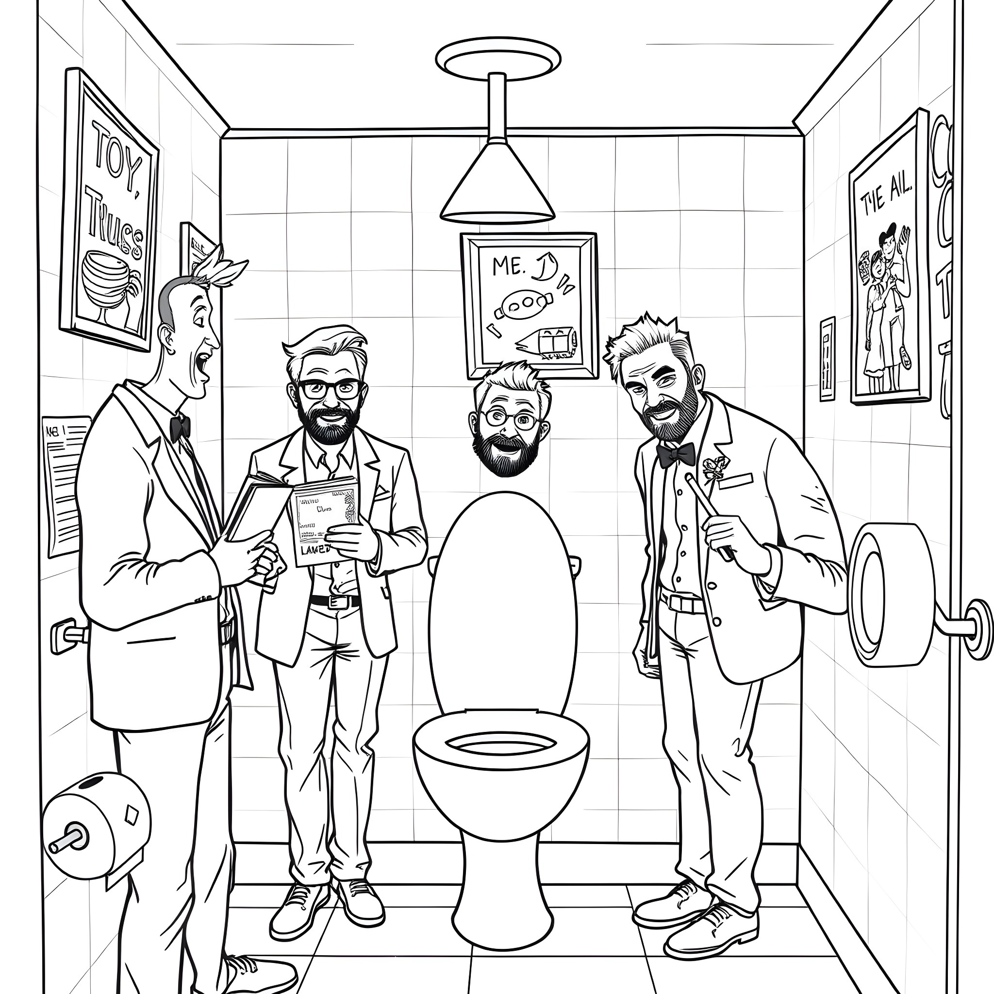 Men exploring a public restroom with humorous decor Coloring Page (free black-and-white line drawing printable PDF for all, from beginners to advanced learners, including children, teens, adults, and seniors)