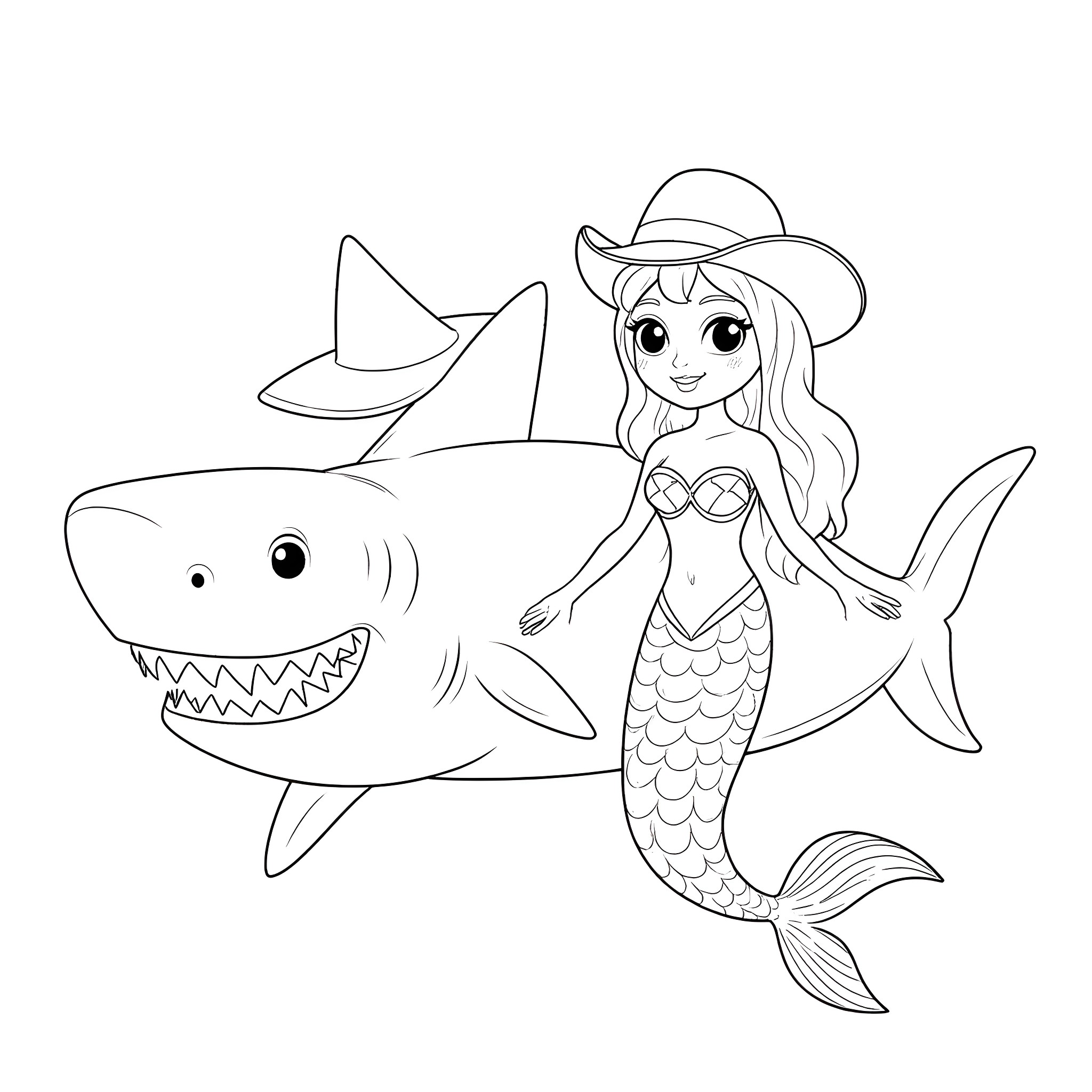 Shark and friendly mermaid in the ocean Coloring Page (free black-and-white line drawing printable PDF for all, from beginners to advanced learners, including children, teens, adults, and seniors)