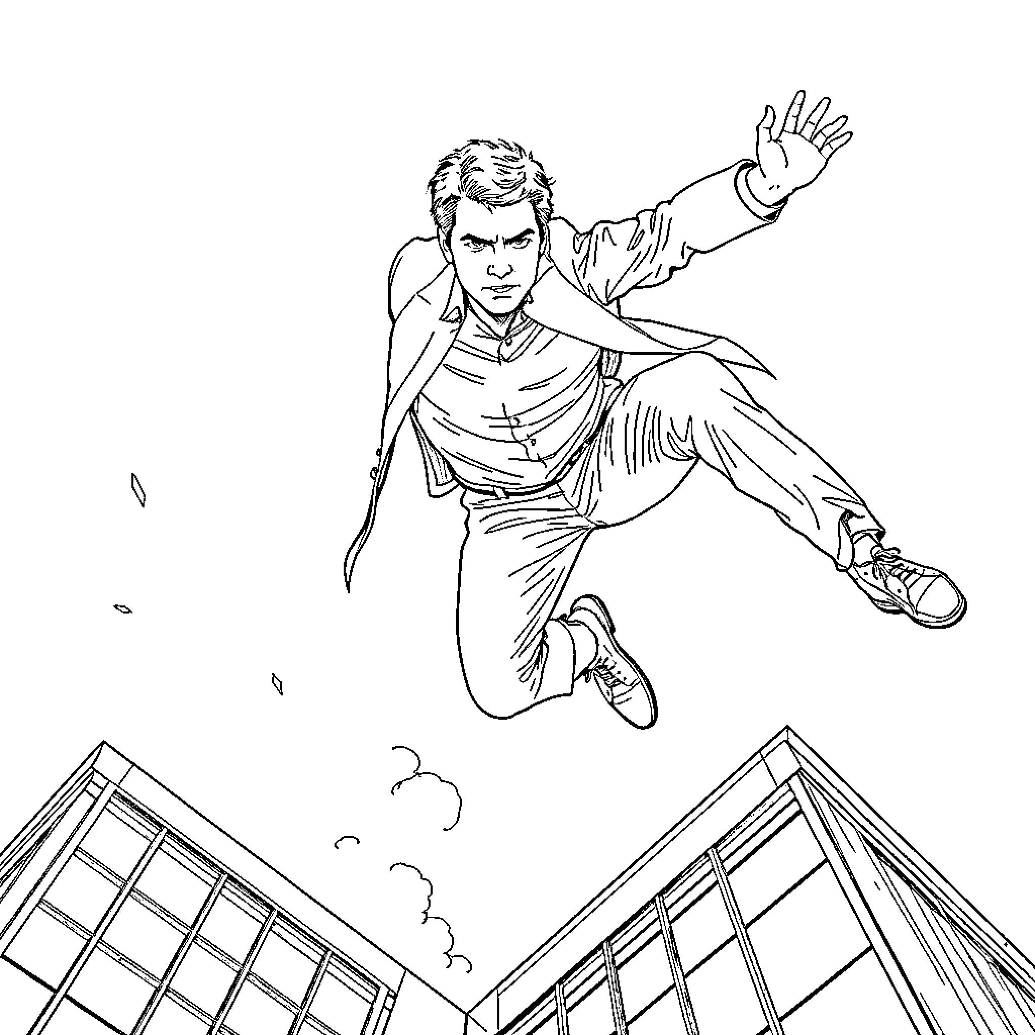 Tom Cruise leaping over buildings in dramatic action Coloring Page (free black-and-white line drawing printable PDF for all, from beginners to advanced learners, including children, teens, adults, and seniors)