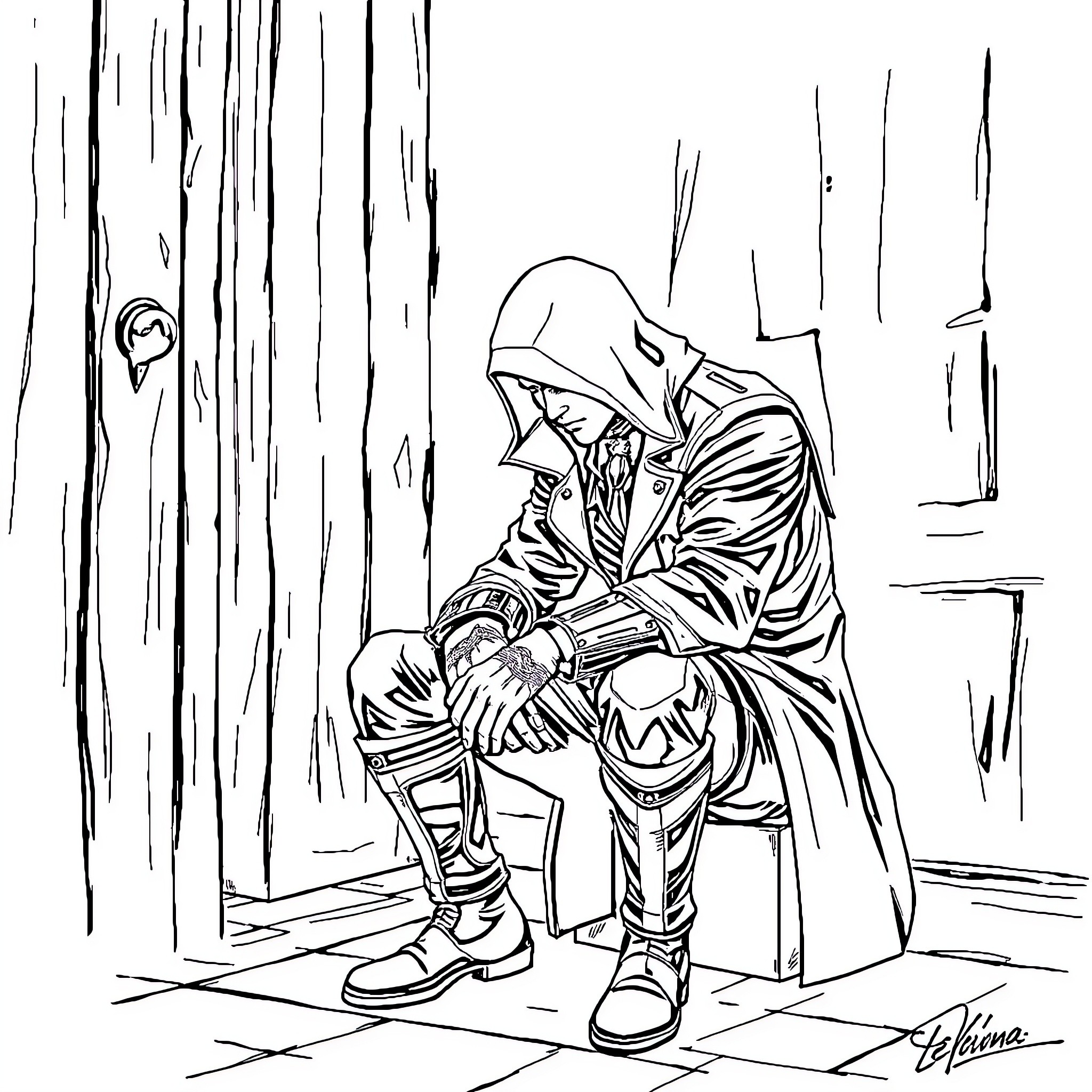 Lion solemnly sitting in the shadows Coloring Page (free black-and-white line drawing printable PDF for all, from beginners to advanced learners, including children, teens, adults, and seniors)