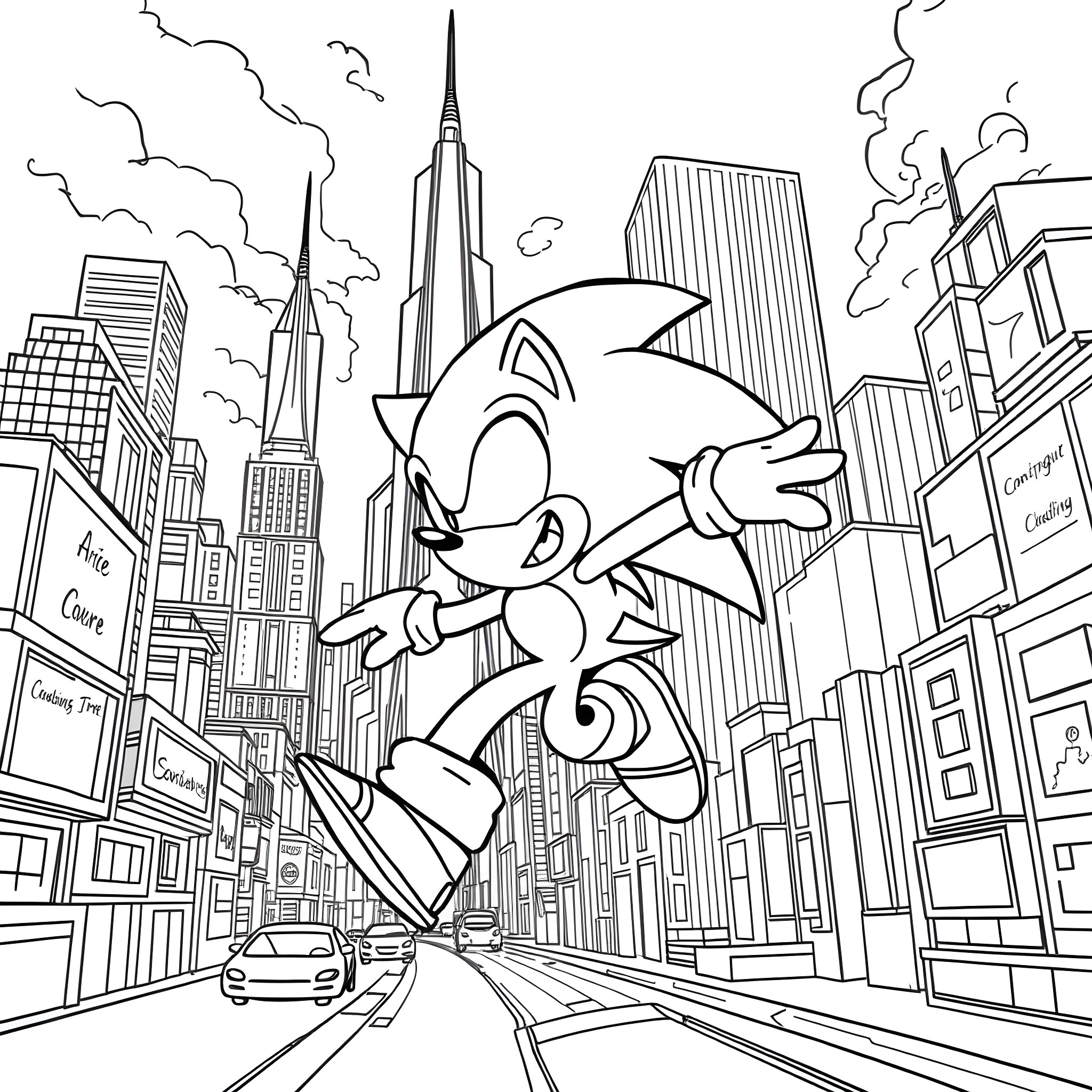 Sonic's High-Speed Adventure in the City Coloring Page (free black-and-white line drawing printable PDF for all, from beginners to advanced learners, including children, teens, adults, and seniors)