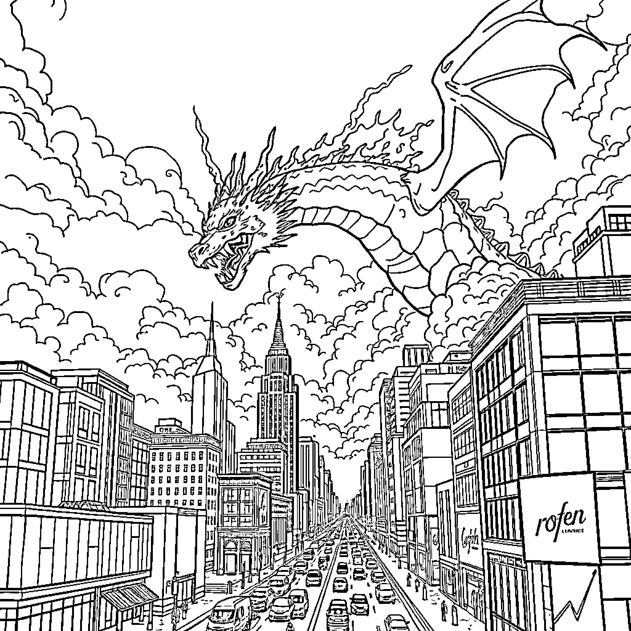 Dragon soaring over a city skyline Coloring Page (free black-and-white line drawing printable PDF for all, from beginners to advanced learners, including children, teens, adults, and seniors)