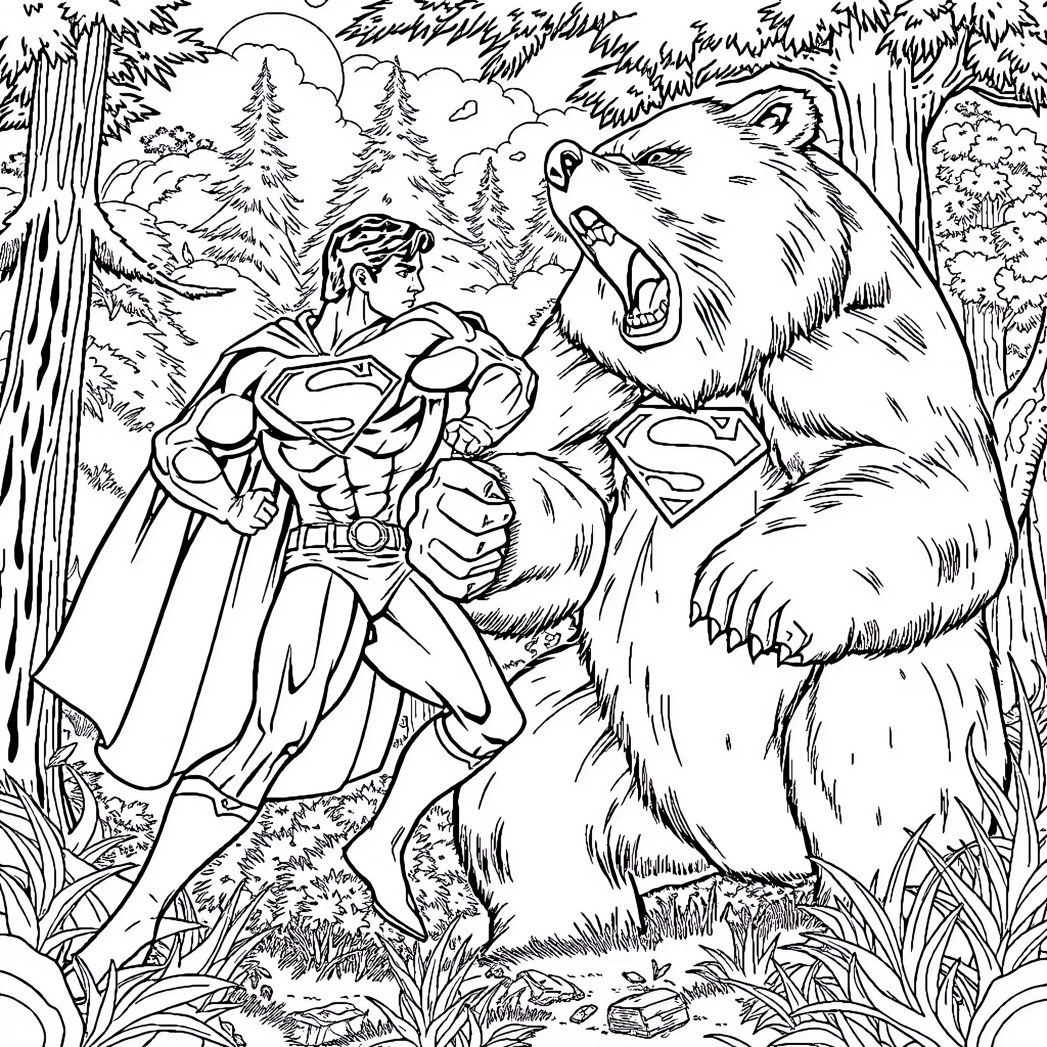 Superman battles a fierce bear in the forest Coloring Page (free black-and-white line drawing printable PDF for all, from beginners to advanced learners, including children, teens, adults, and seniors)