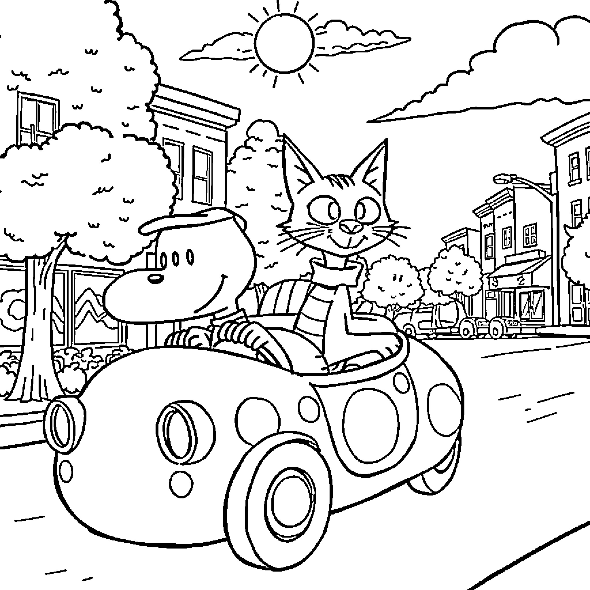Peanut's Joyous Car Ride Through the Town Coloring Page (free black-and-white line drawing printable PDF for all, from beginners to advanced learners, including children, teens, adults, and seniors)