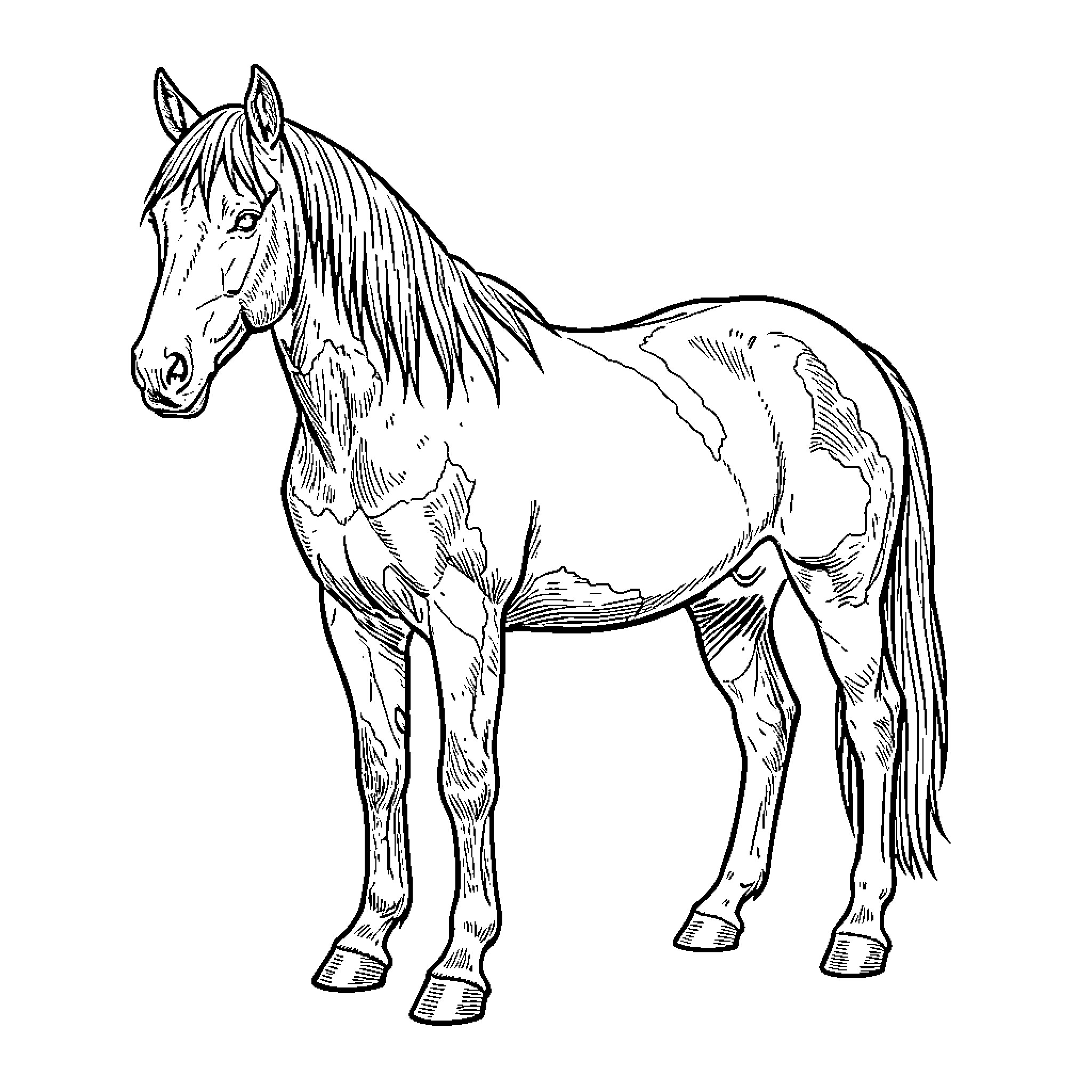 Horse standing in profile Coloring Page (free black-and-white line drawing printable PDF for all, from beginners to advanced learners, including children, teens, adults, and seniors)