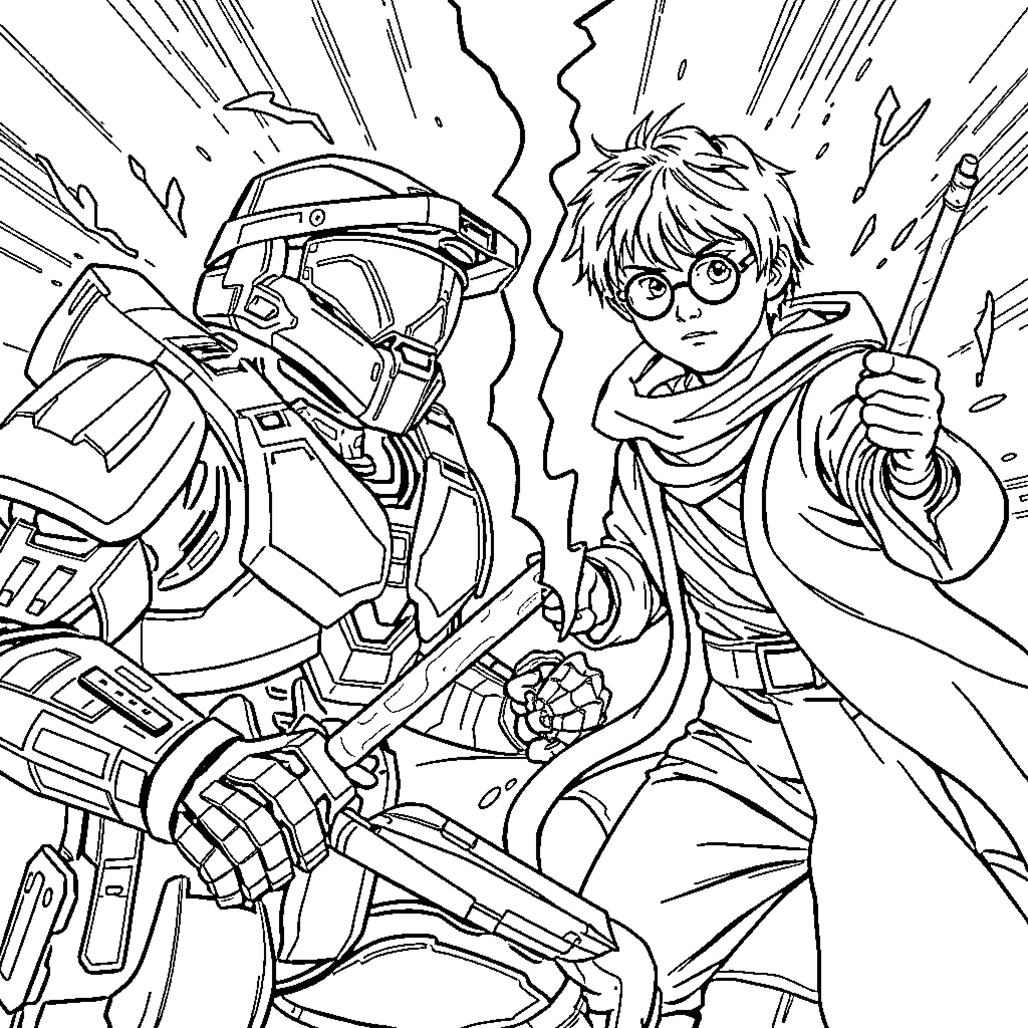 Halo: Heroic Warrior Battles Fierce Foe Coloring Page (free black-and-white line drawing printable PDF for all, from beginners to advanced learners, including children, teens, adults, and seniors)