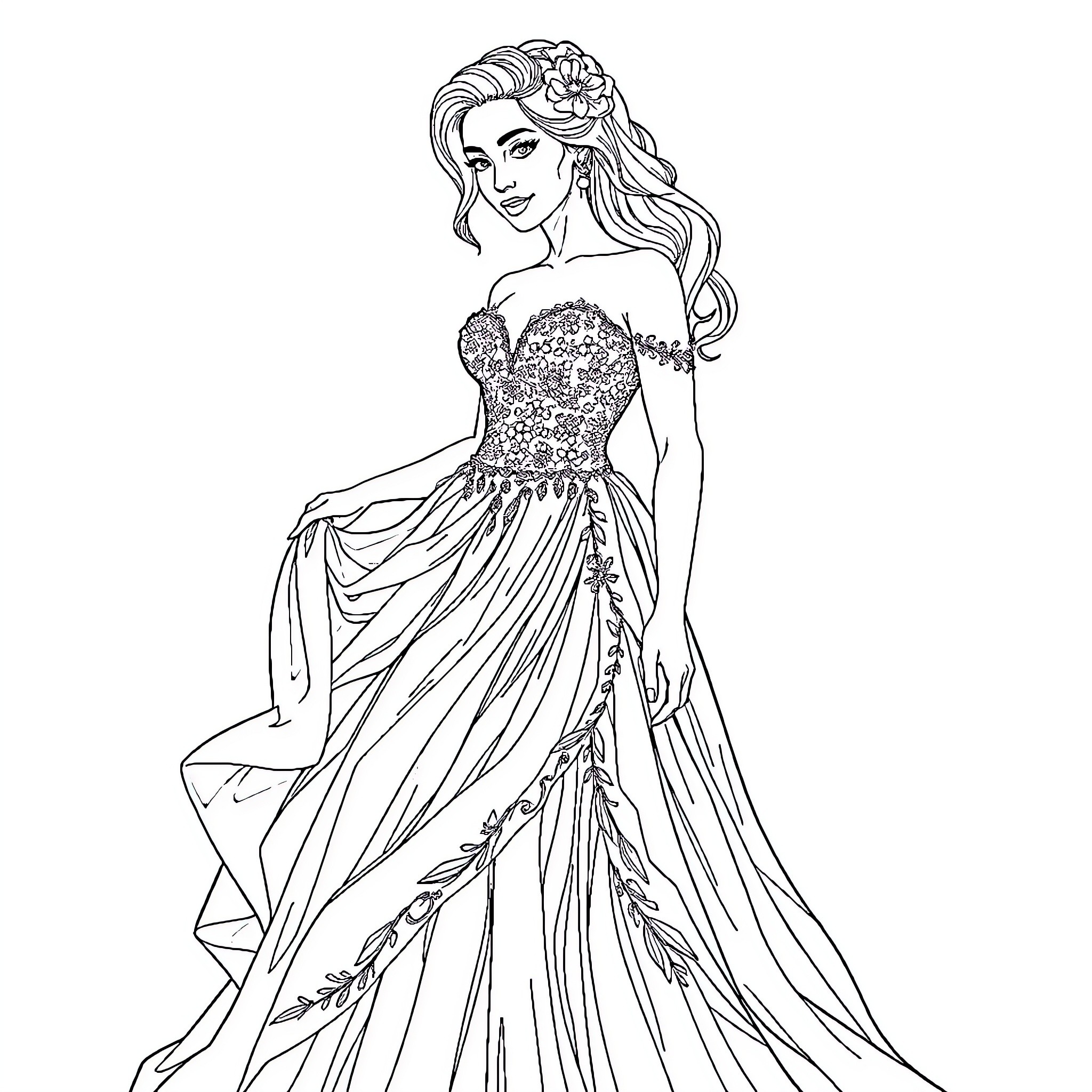 Woman in elegant floral gown with flowing dress Coloring Page (free black-and-white line drawing printable PDF for all, from beginners to advanced learners, including children, teens, adults, and seniors)