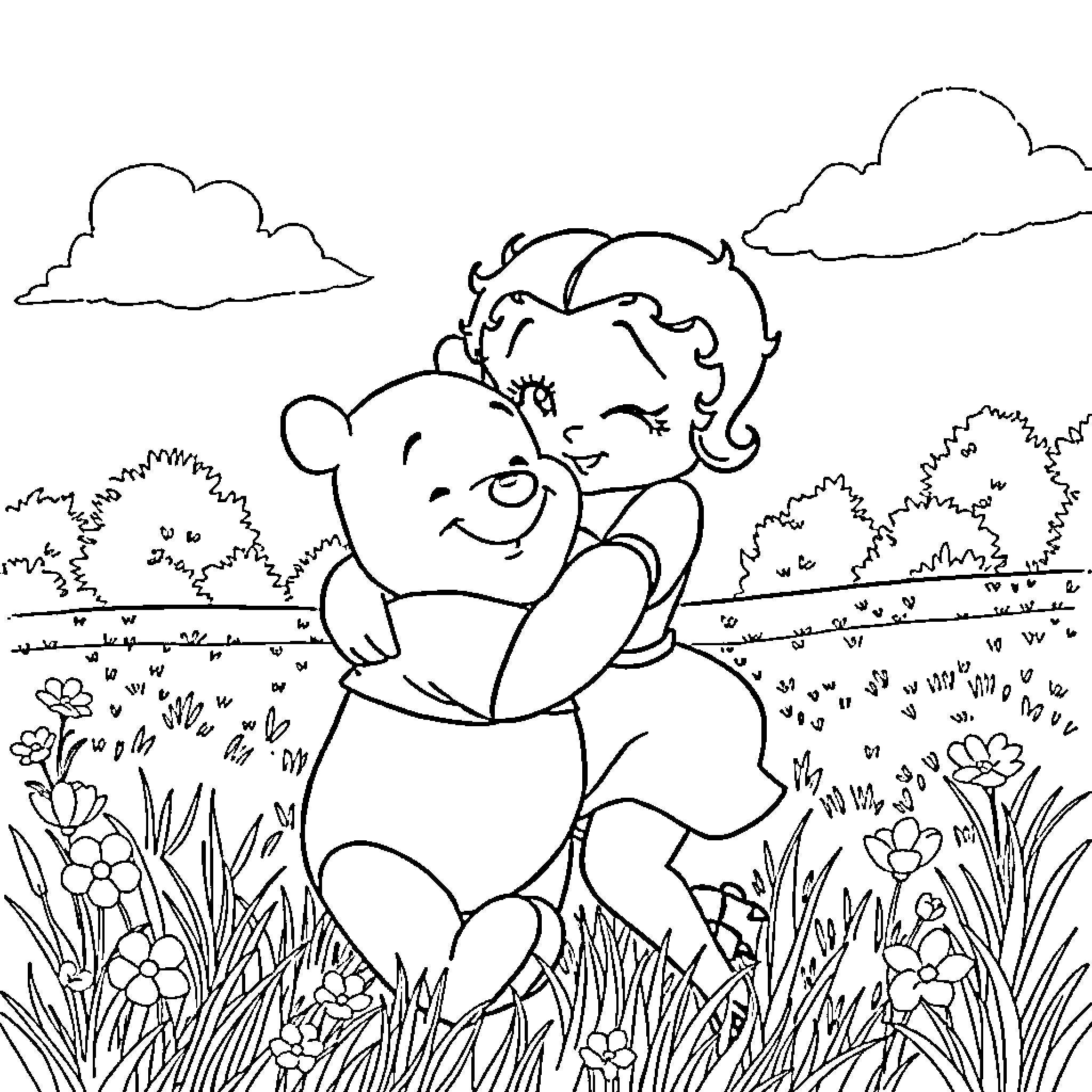 Betty Boop playing with a teddy bear in a flowery meadow Coloring Page (free black-and-white line drawing printable PDF for all, from beginners to advanced learners, including children, teens, adults, and seniors)