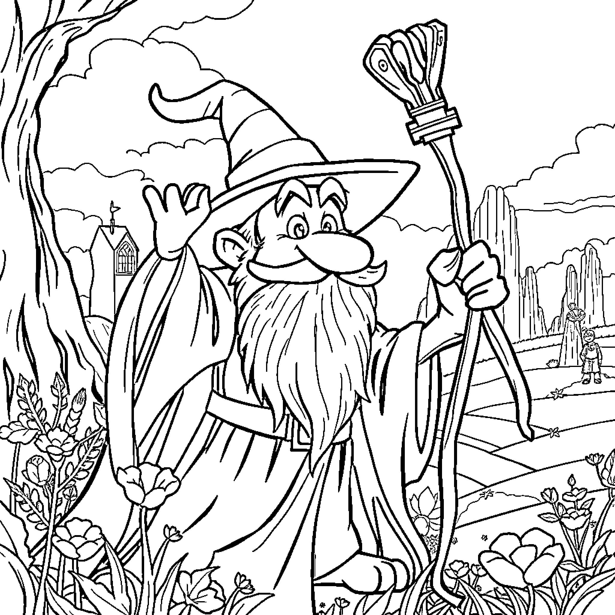 Nemo the Wizard Exploring the Enchanted Forest Coloring Page (free black-and-white line drawing printable PDF for all, from beginners to advanced learners, including children, teens, adults, and seniors)