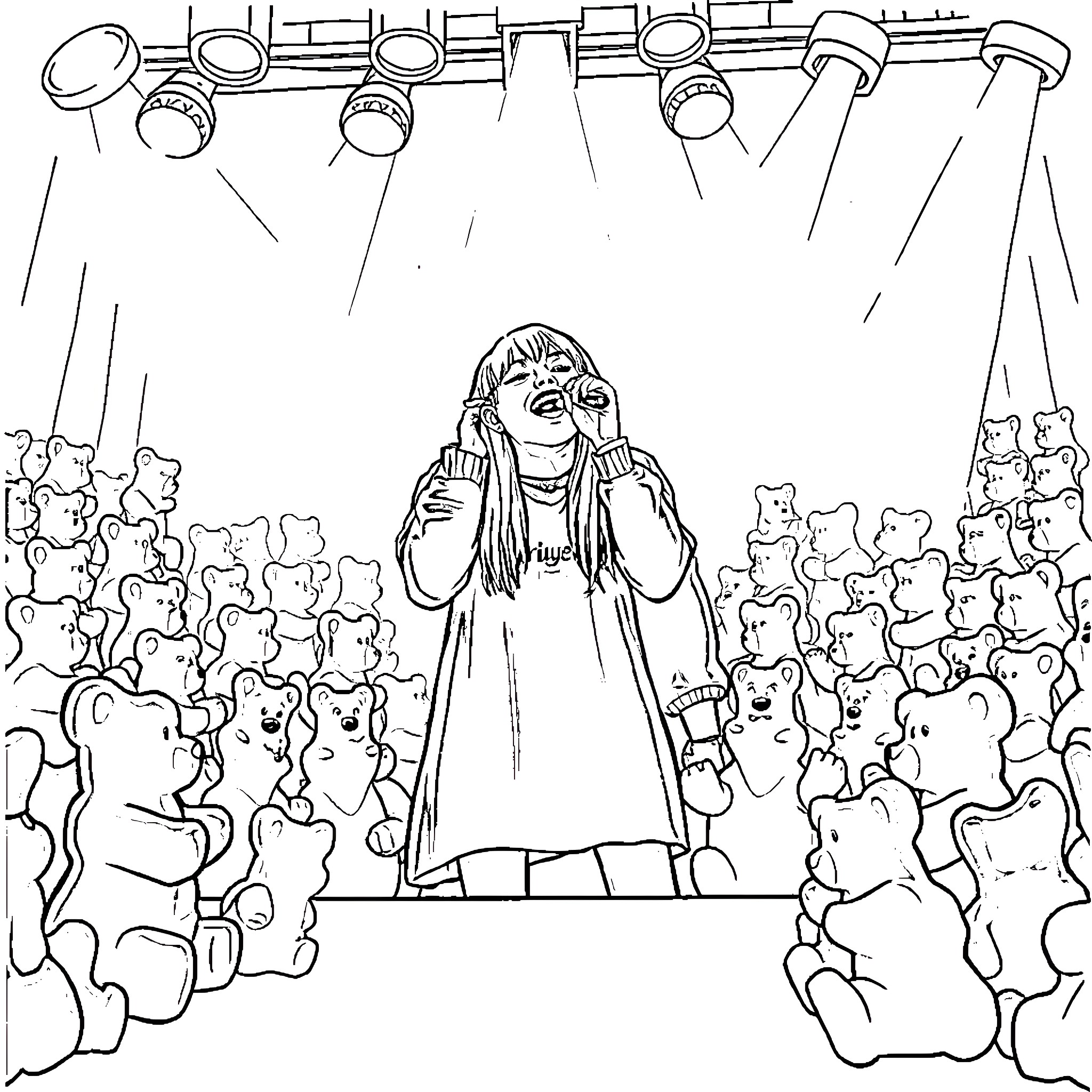 Billie Eilish performing on stage surrounded by plush toys Coloring Page (free black-and-white line drawing printable PDF for all, from beginners to advanced learners, including children, teens, adults, and seniors)