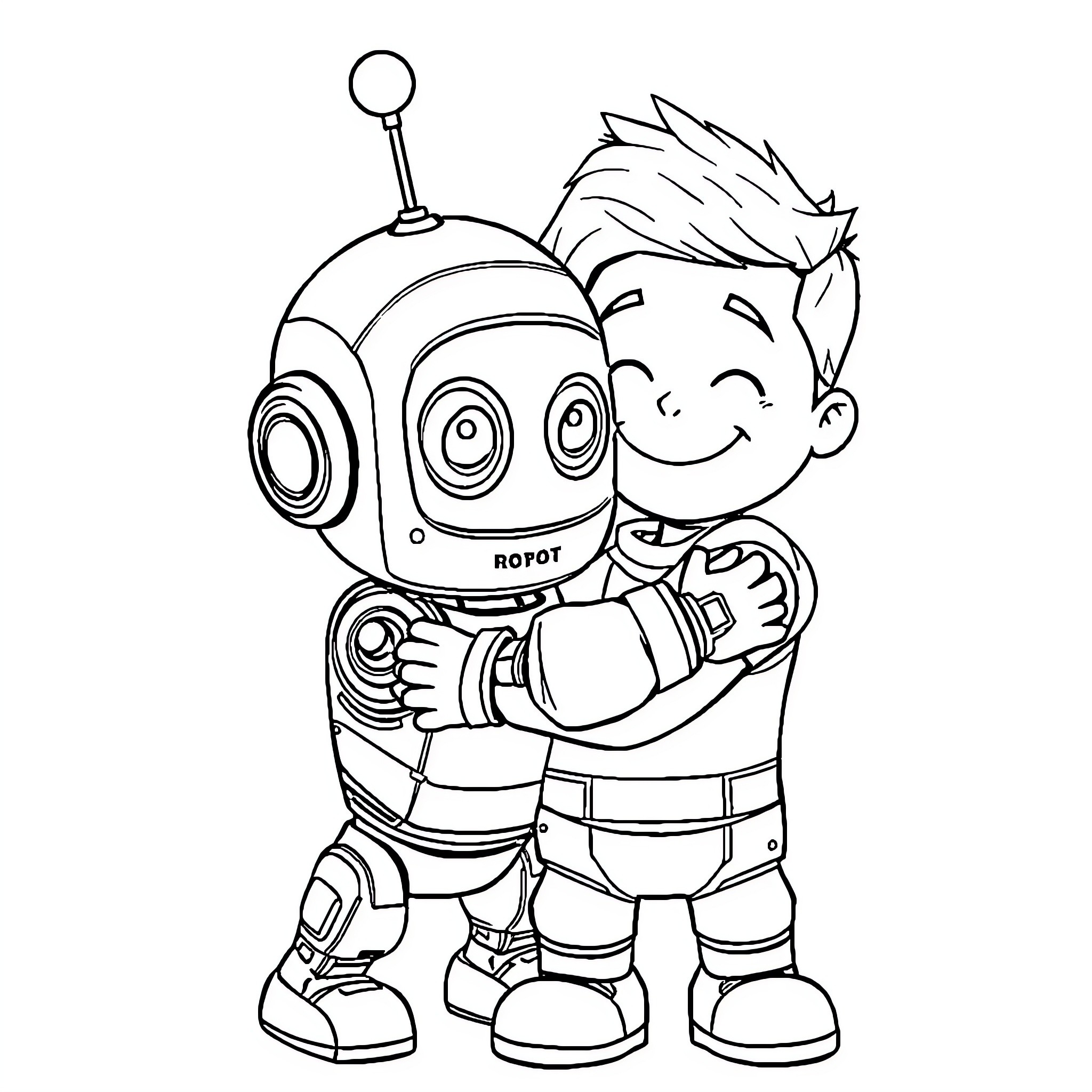 Robot and Boy Embracing Cheerfully Coloring Page (free black-and-white line drawing printable PDF for all, from beginners to advanced learners, including children, teens, adults, and seniors)