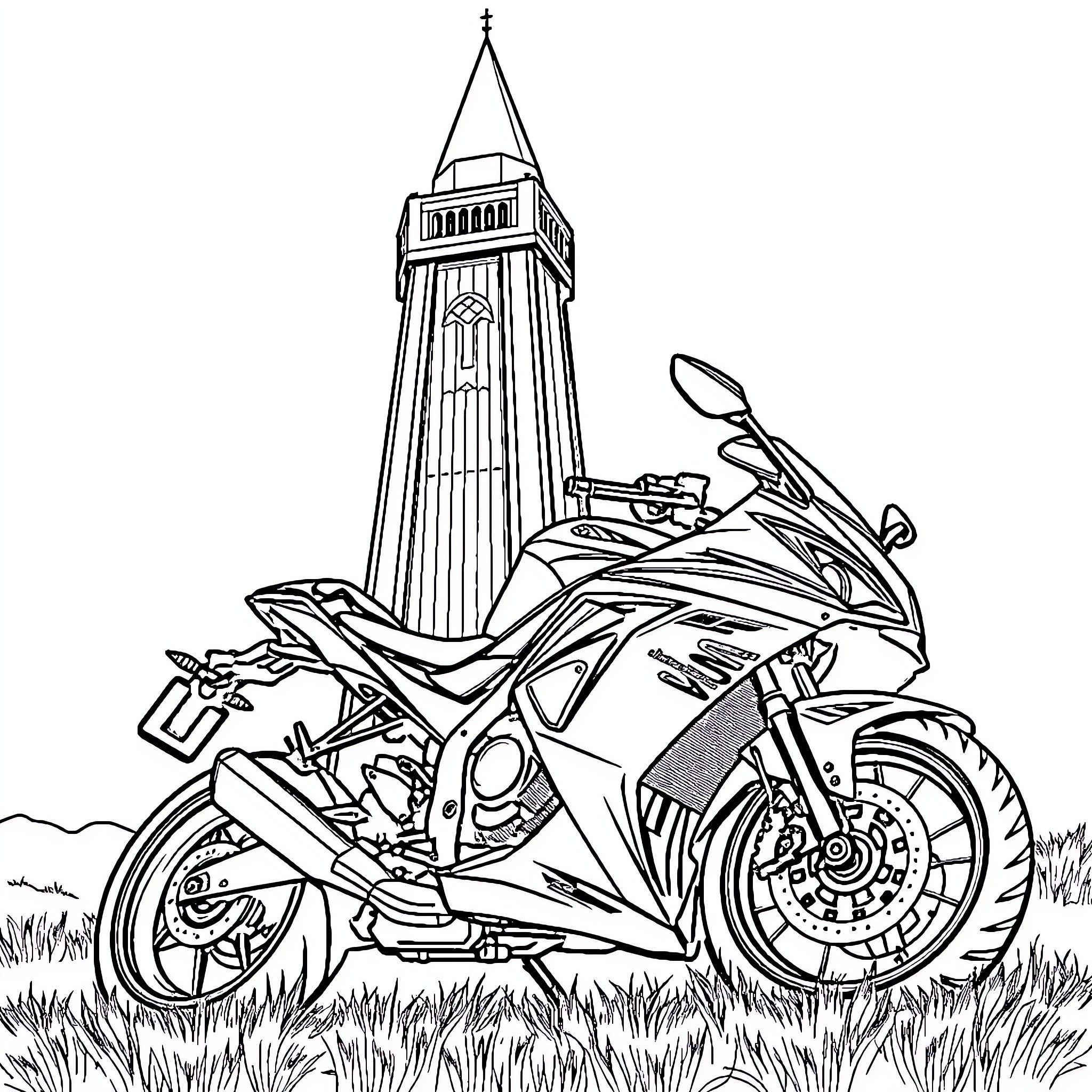 Kawasaki Ninja motorcycle parked by historic tower Coloring Page (free black-and-white line drawing printable PDF for all, from beginners to advanced learners, including children, teens, adults, and seniors)