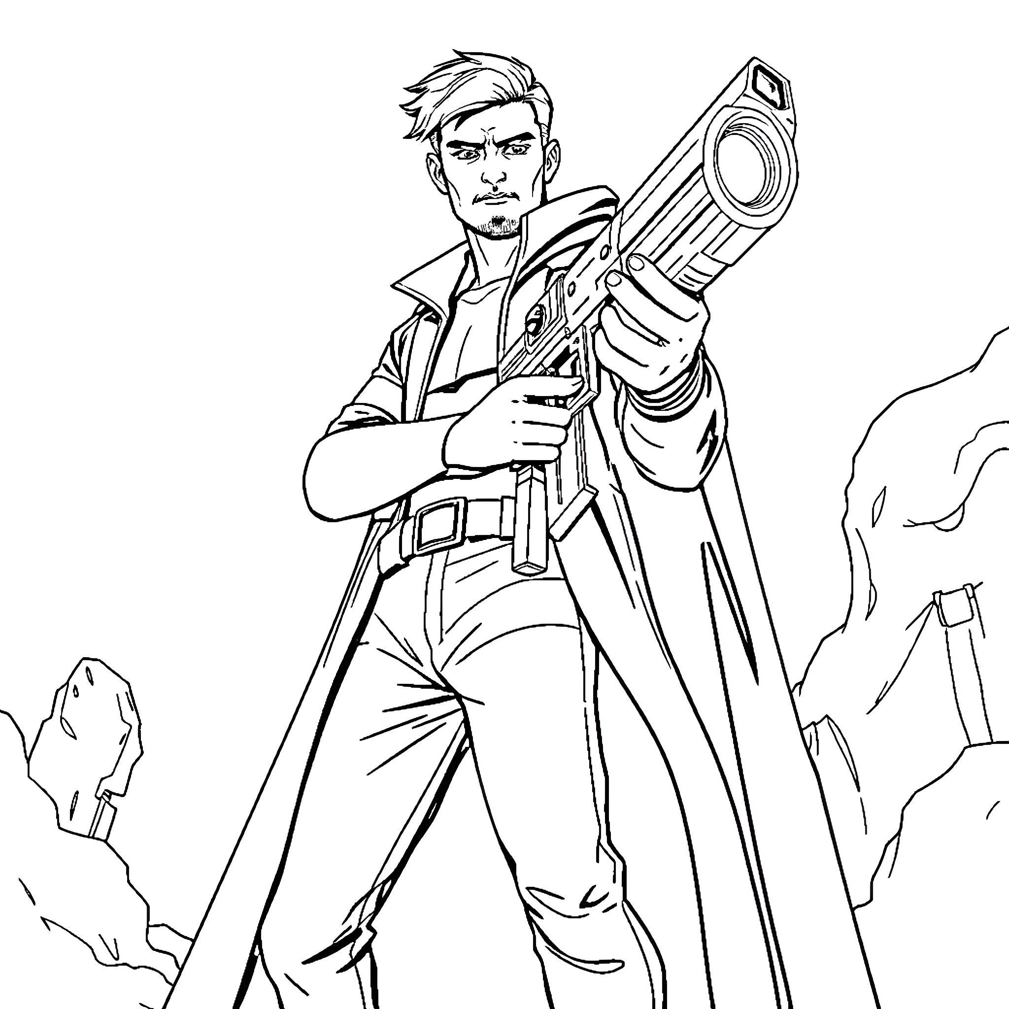 Guy with a powerful gun in an intense scene Coloring Page (free black-and-white line drawing printable PDF for all, from beginners to advanced learners, including children, teens, adults, and seniors)