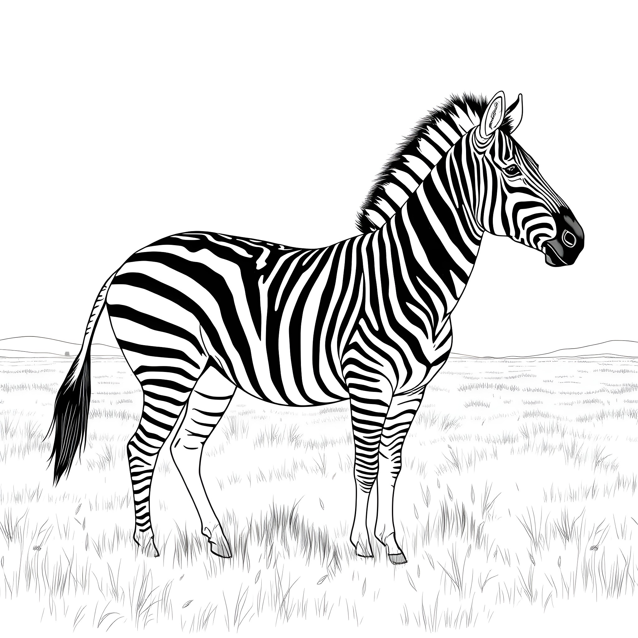 Zebra standing in the grassland Coloring Page (free black-and-white line drawing printable PDF for all, from beginners to advanced learners, including children, teens, adults, and seniors)