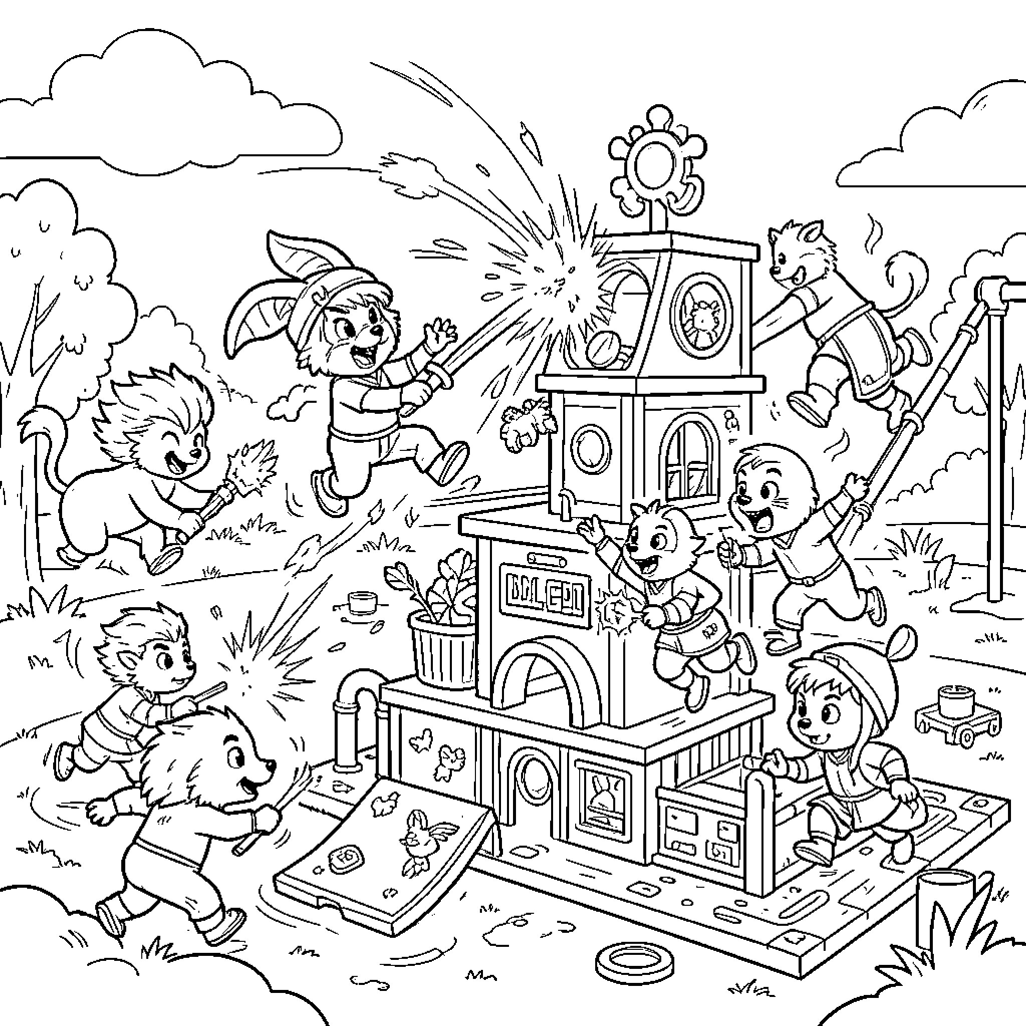 Eldradore's Playful Adventure at the Vibrant Playground Coloring Page (free black-and-white line drawing printable PDF for all, from beginners to advanced learners, including children, teens, adults, and seniors)